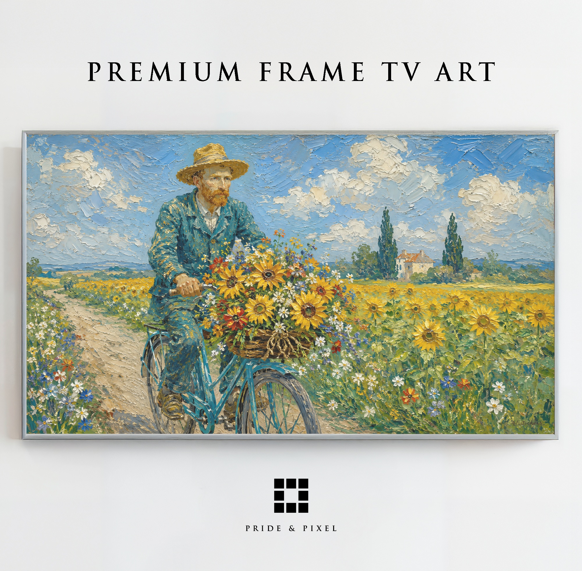 Vincent van Gogh riding a bicycle through a sunflower field