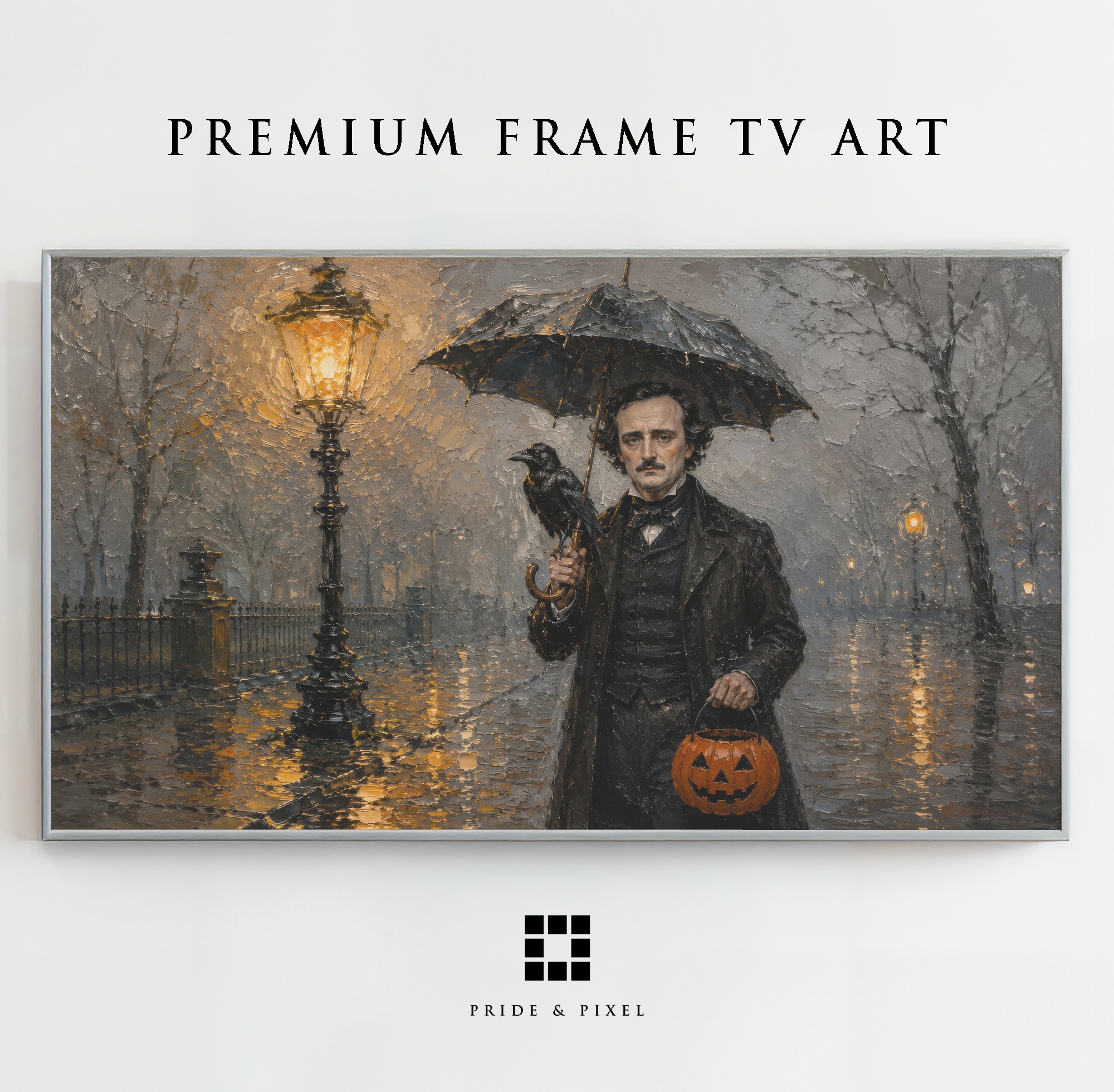 Edgar Allan Poe beneath an umbrella with a raven on a rainy Halloween night