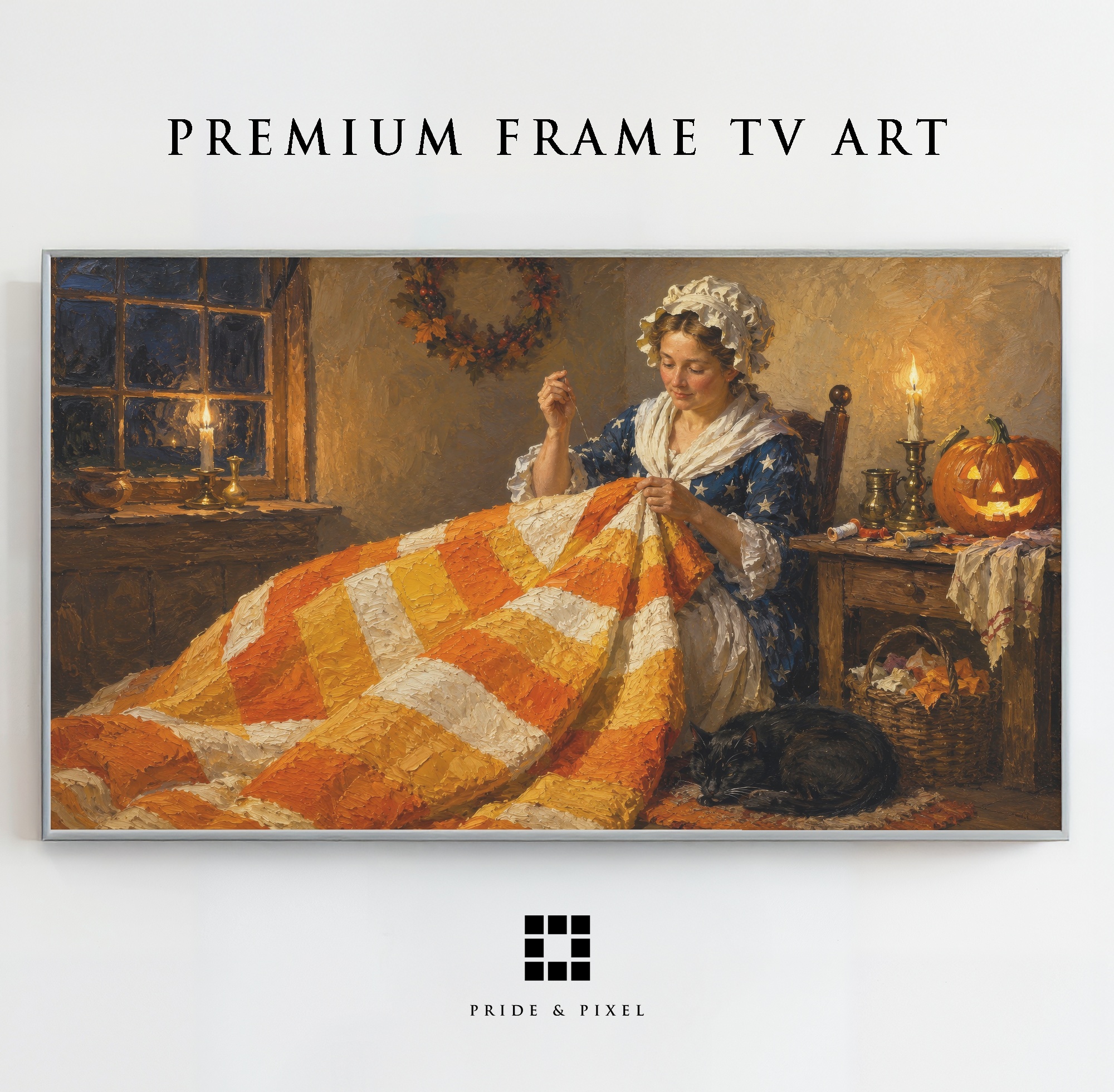 Colonial Woman Quilting by Candlelight