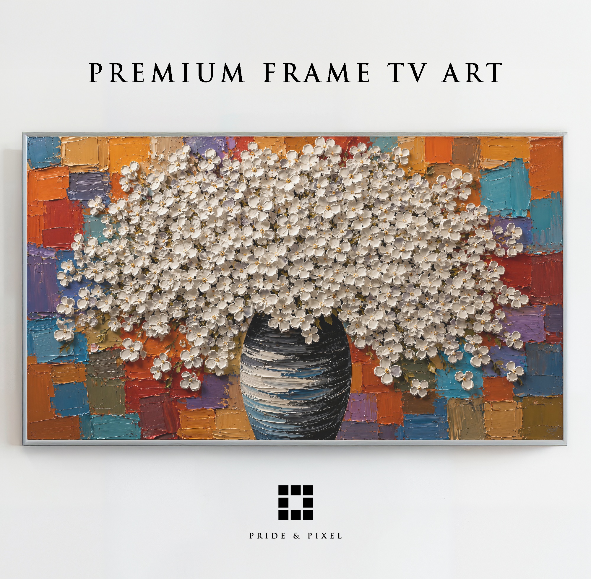 Textured white blossom vase rendered in colourful palette-knife strokes