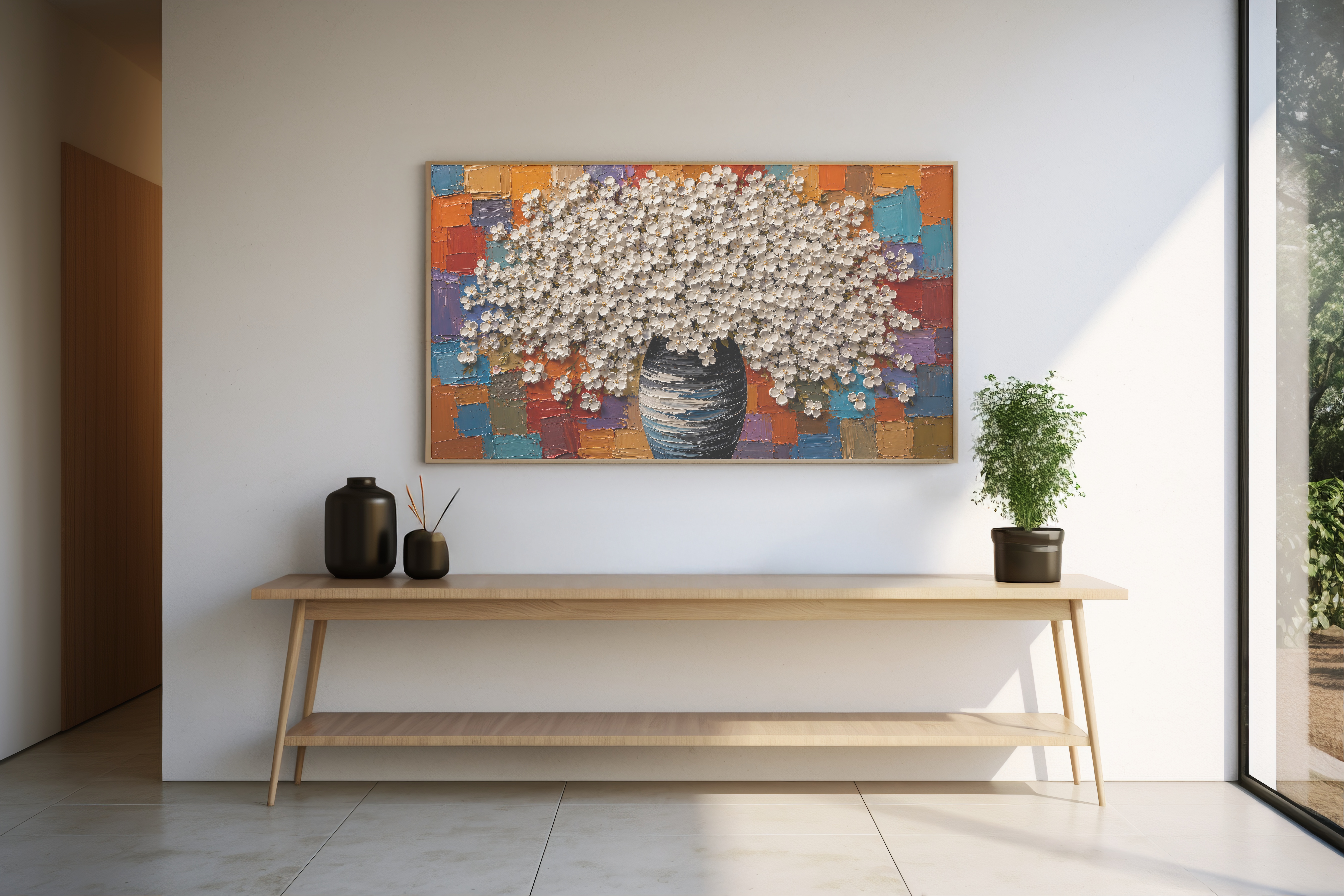 Textured palette knife artwork displayed in a contemporary interior