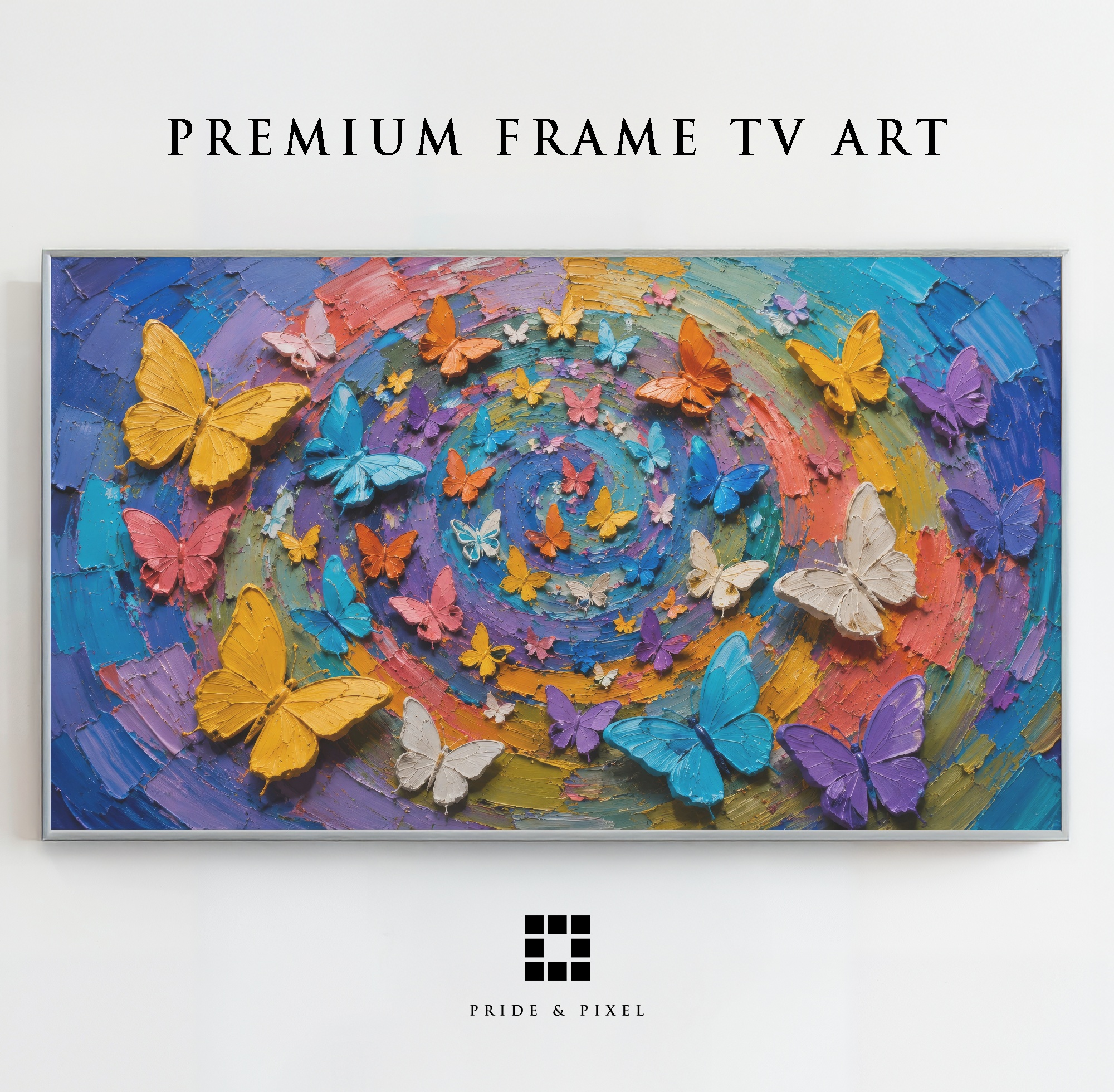 Butterfly Spiral displayed on a television in the Pride & Pixel hero room