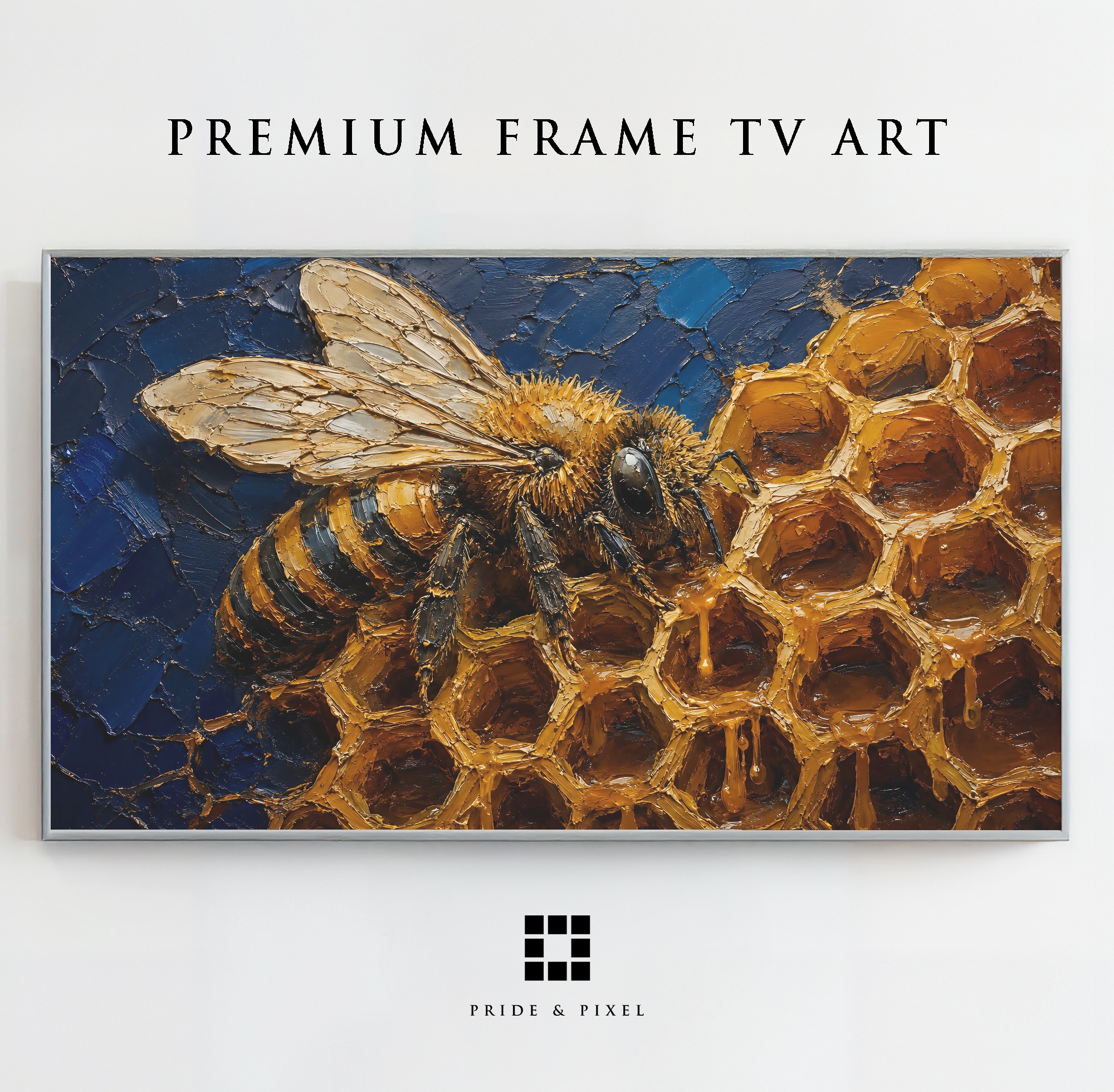 Golden Honeybee Frame TV Art, Honeycomb Palette Knife Painting