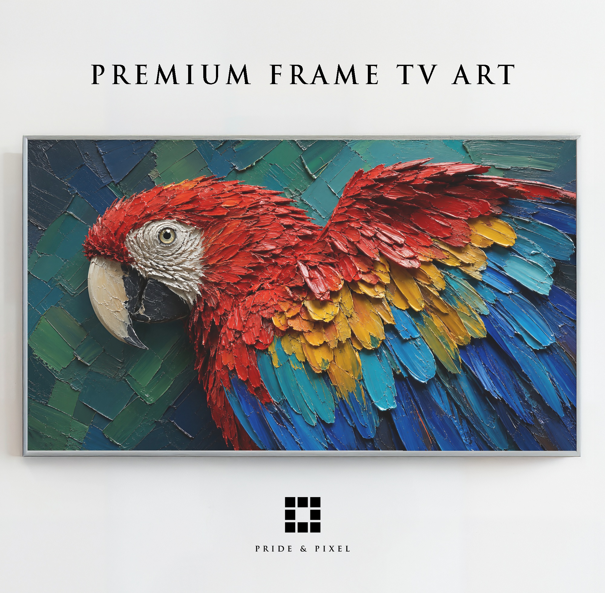 Scarlet Macaw Frame TV Art, Colorful Parrot Palette Knife
