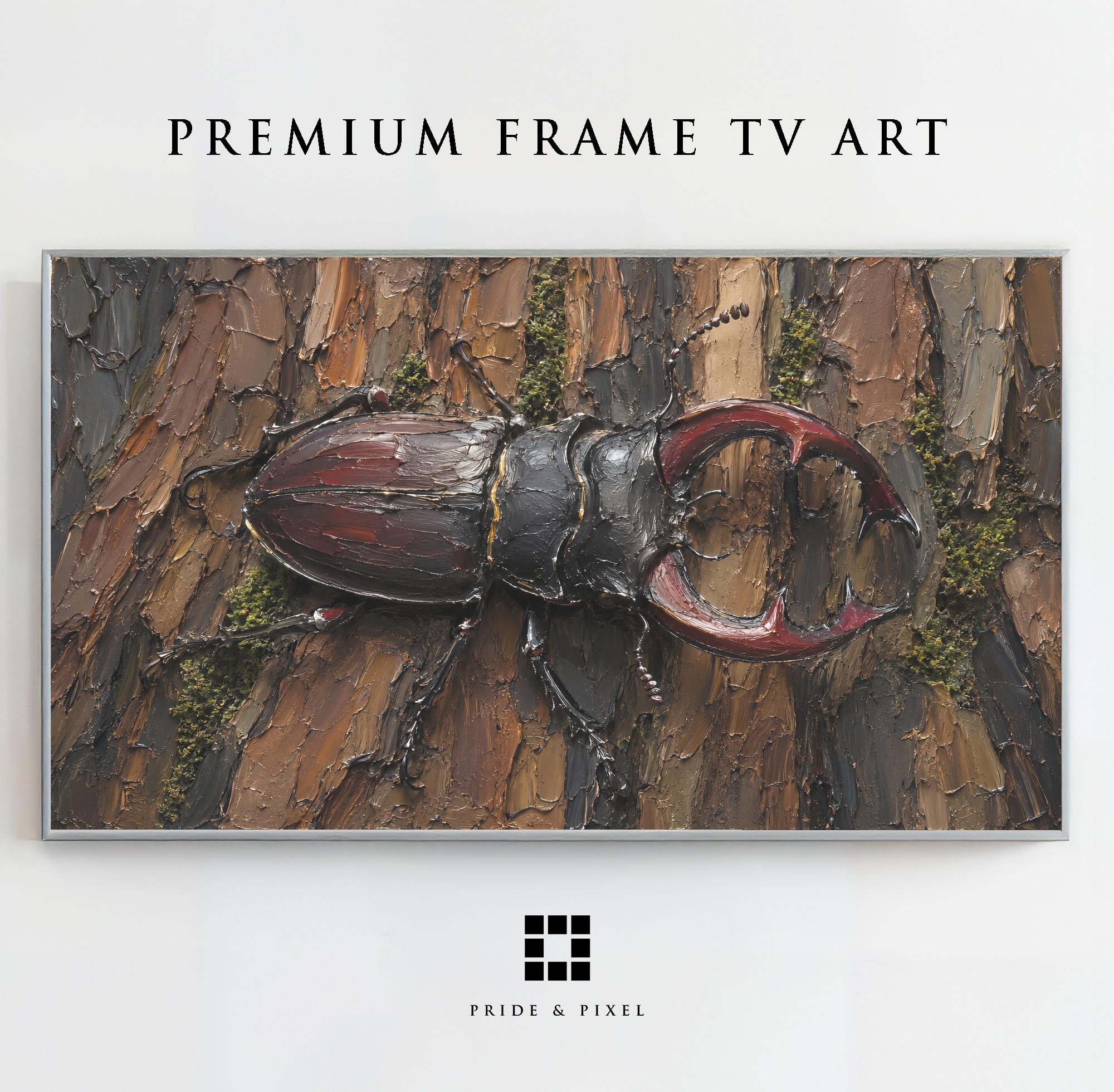 Stag Beetle Frame TV Art, Moody Woodland Palette Knife