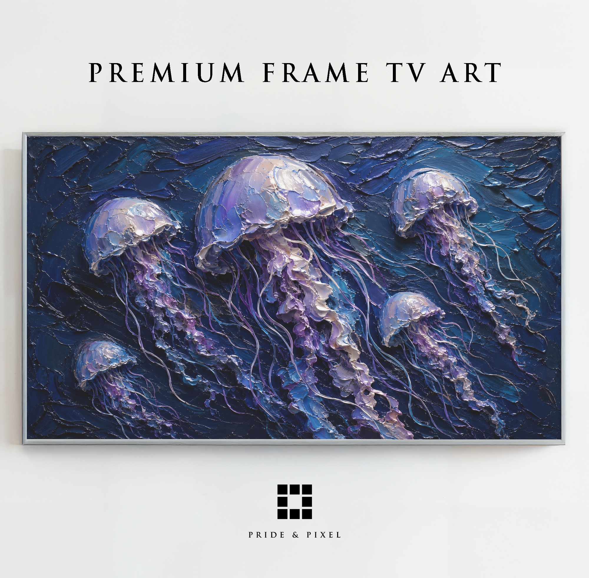 Luminous Jellyfish Frame TV Art, Blue Ocean Palette Knife