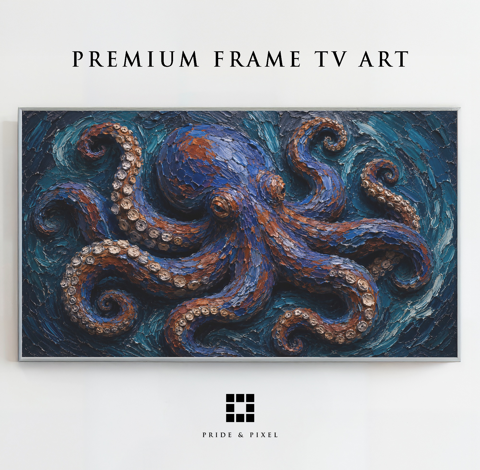 Cobalt Octopus Frame TV Art, Deep Sea Palette Knife Painting