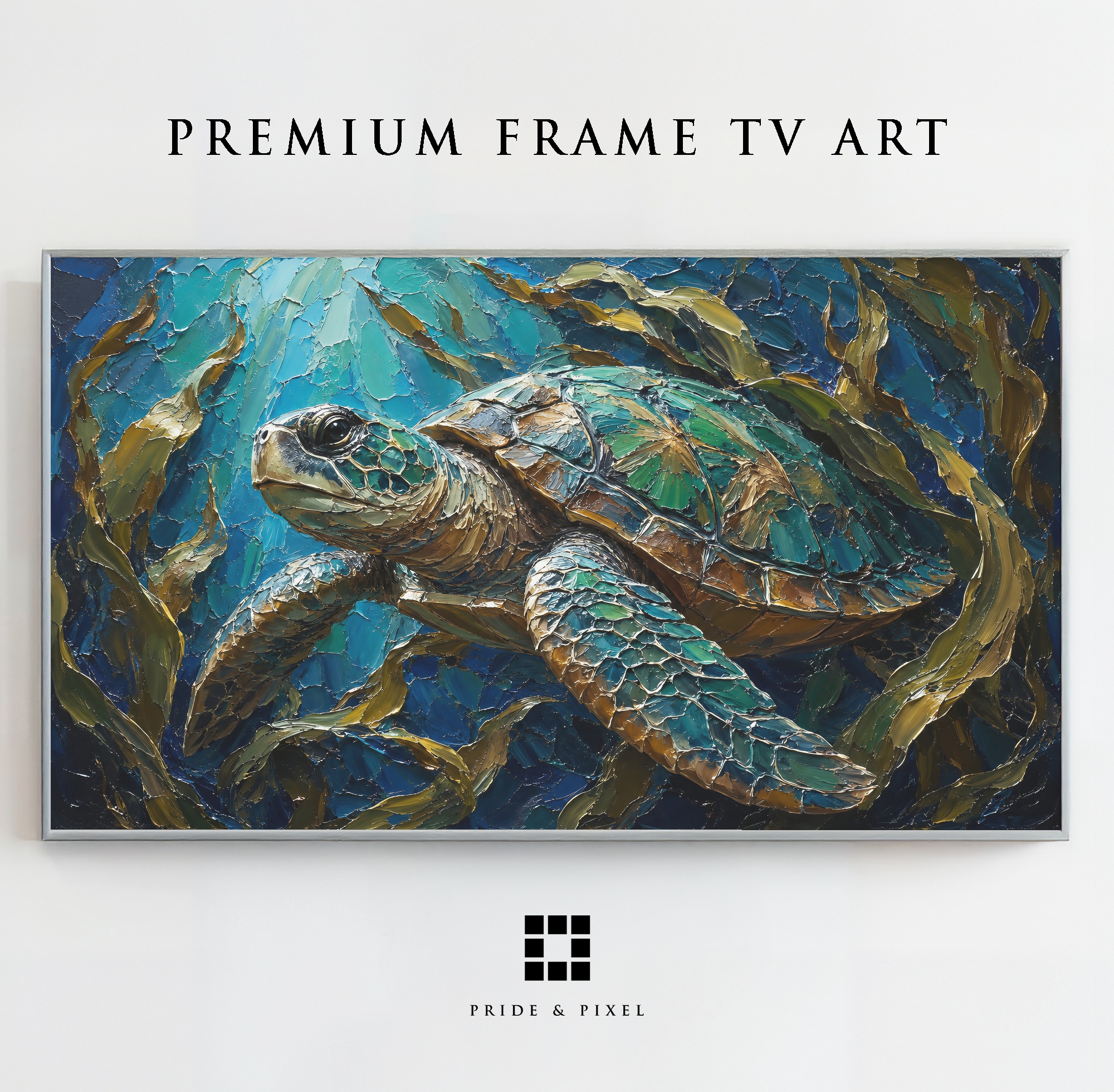 Sea Turtle Kelp Forest Frame TV Art, Coastal Palette Knife