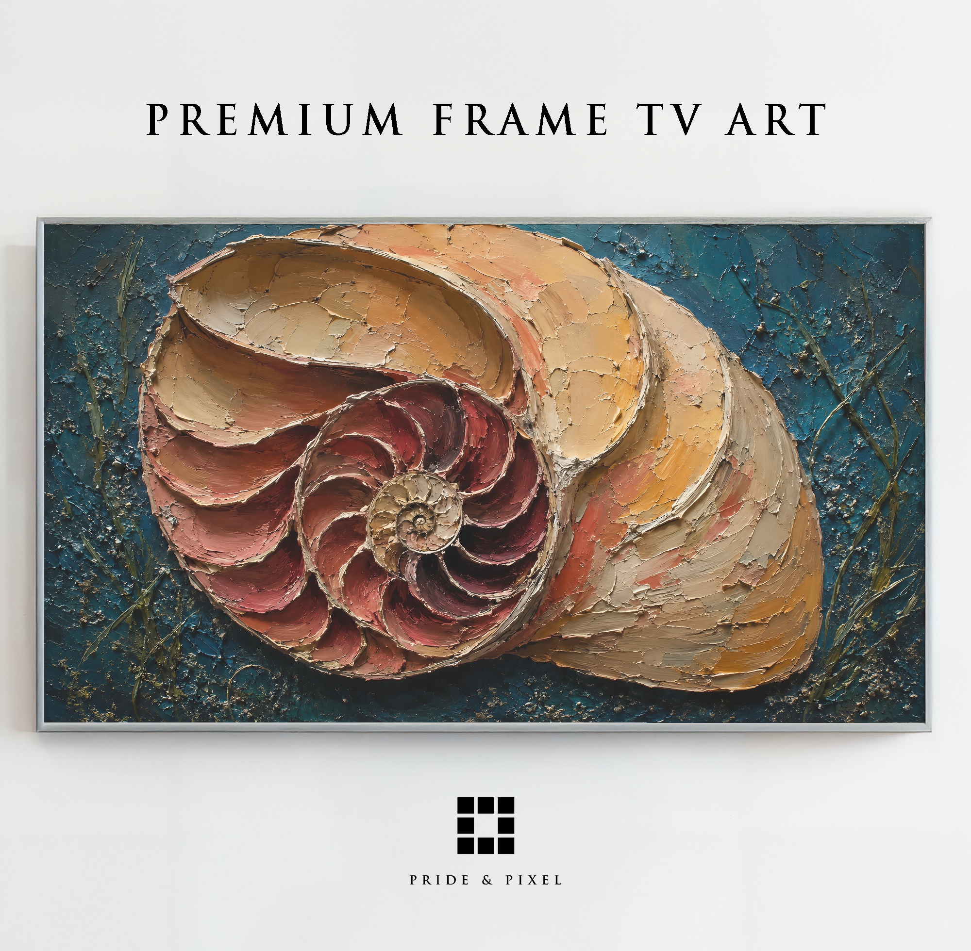Nautilus Shell Frame TV Art, Coastal Still Life Palette Knife