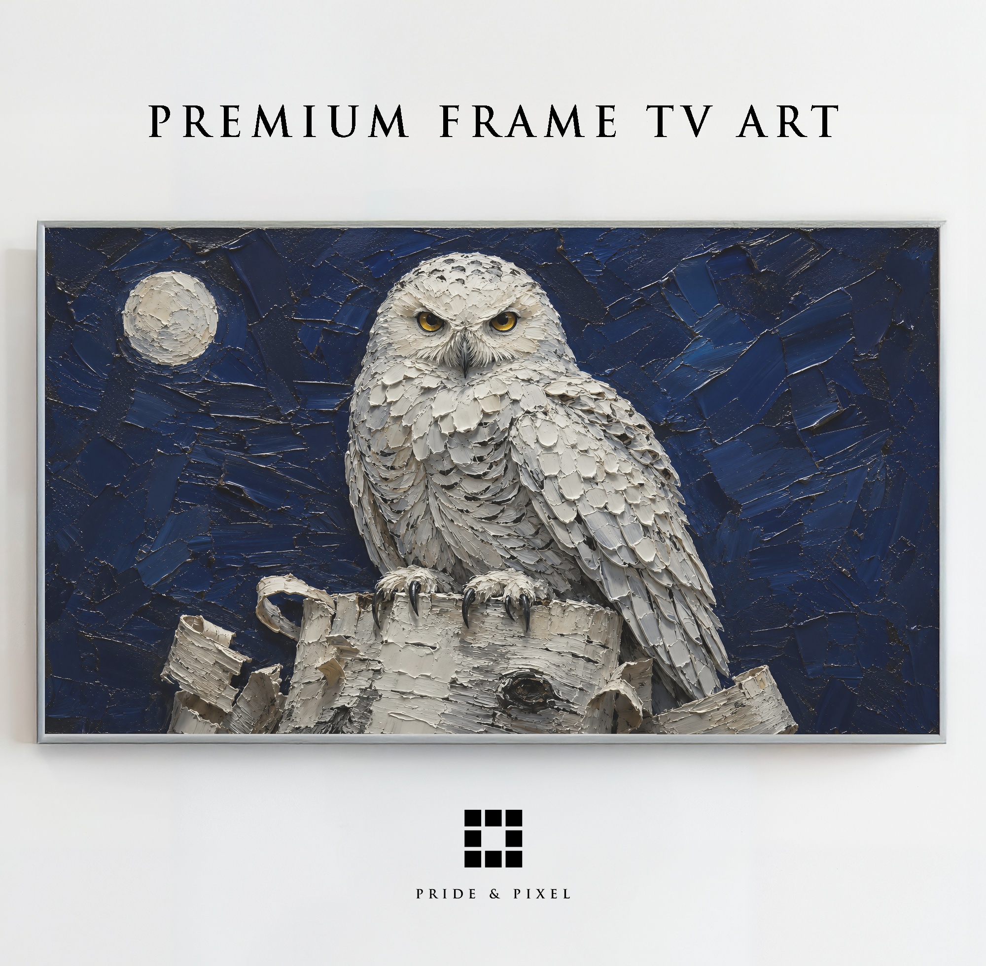 Snowy Owl Moon Frame TV Art, Winter Bird Palette Knife