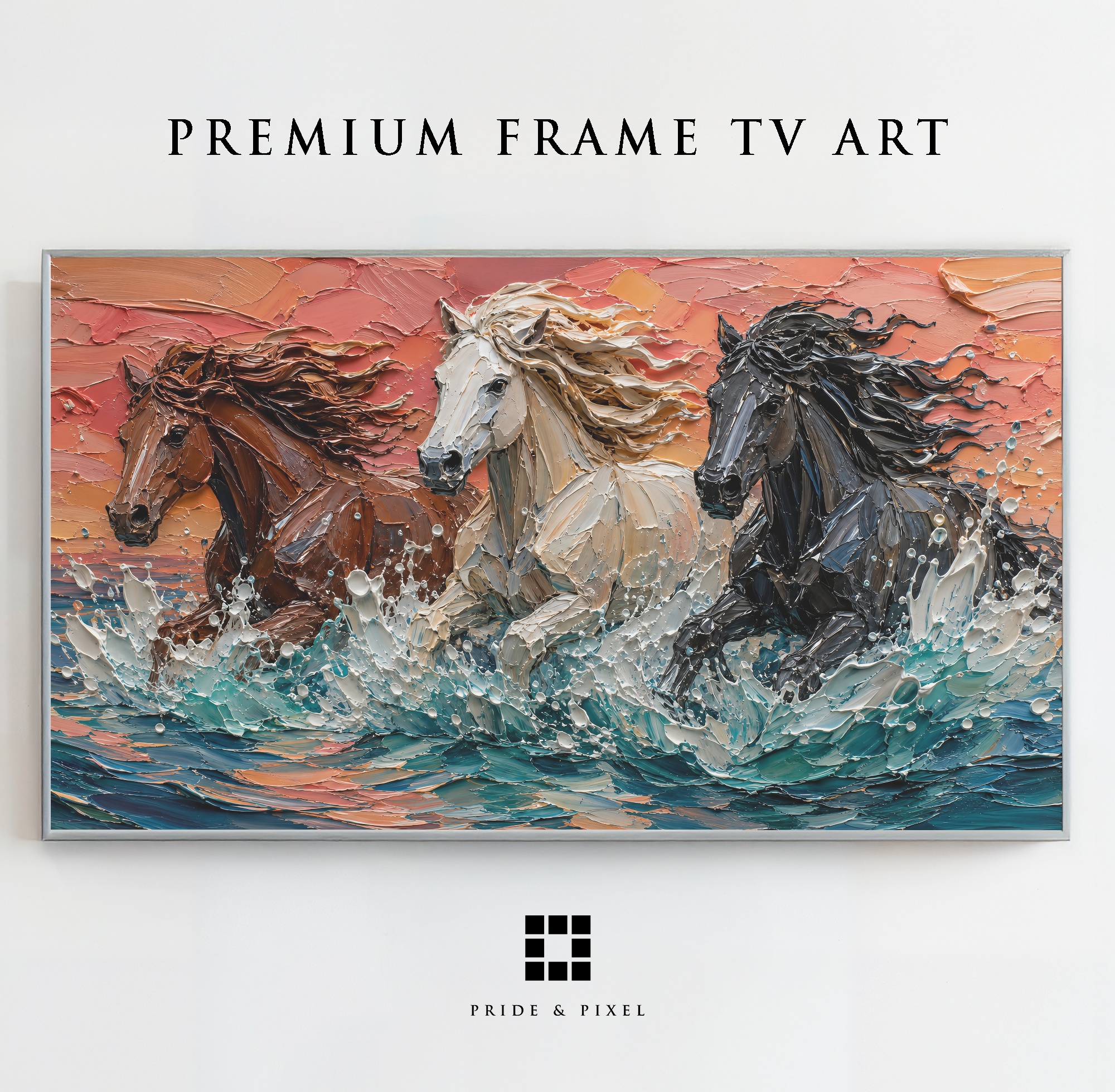 Wild Horses in Ocean Frame TV Art, Sunset Palette Knife