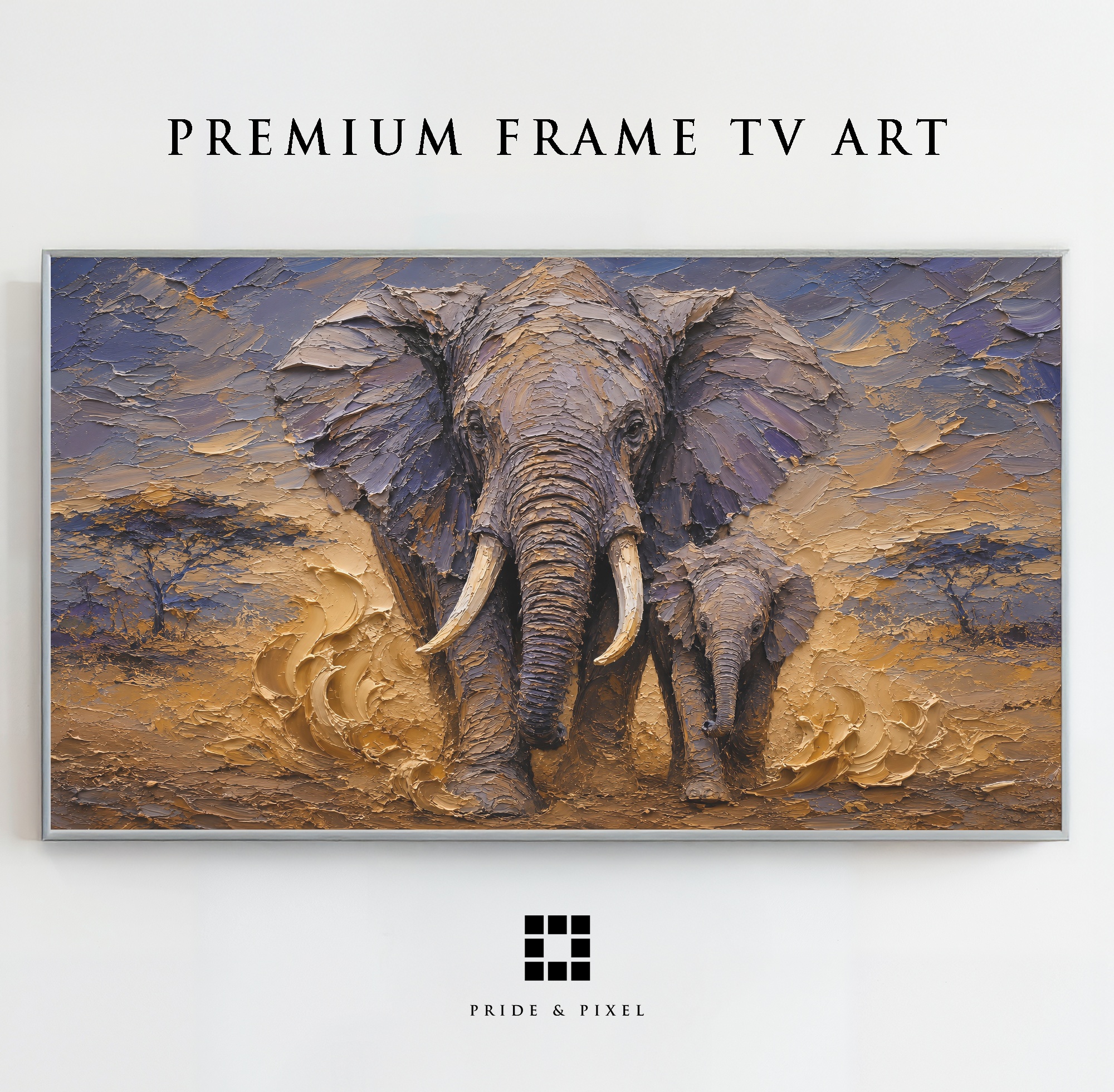 Elephant and Calf Frame TV Art, African Wildlife Palette Knife