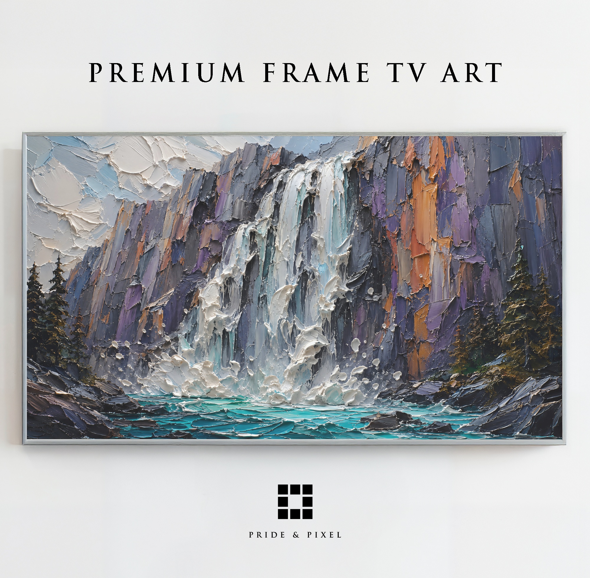 Alpine Waterfall Frame TV Art, Mountain Landscape Palette Knife
