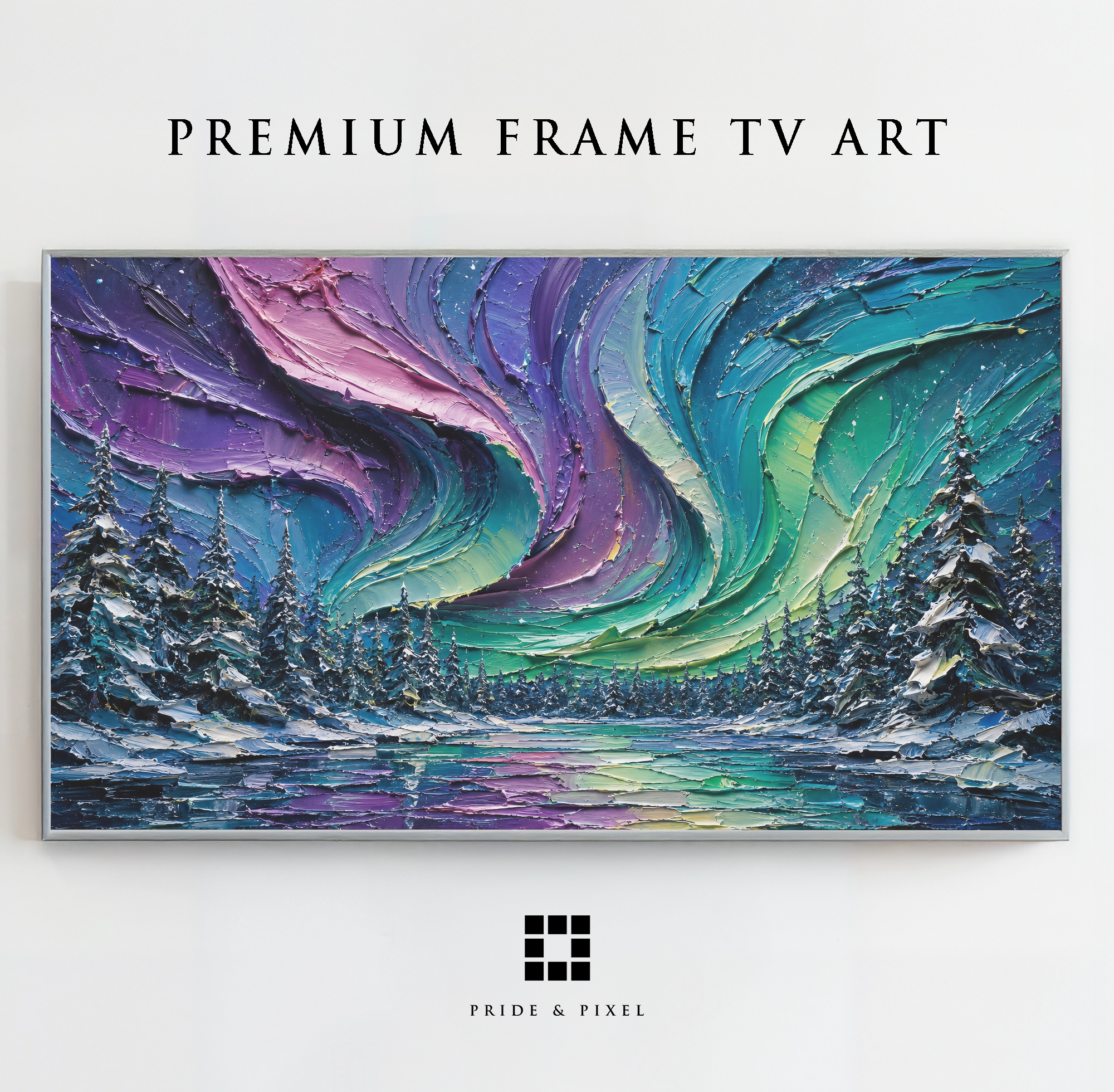 Northern Lights Frame TV Art, Frozen Forest Palette Knife