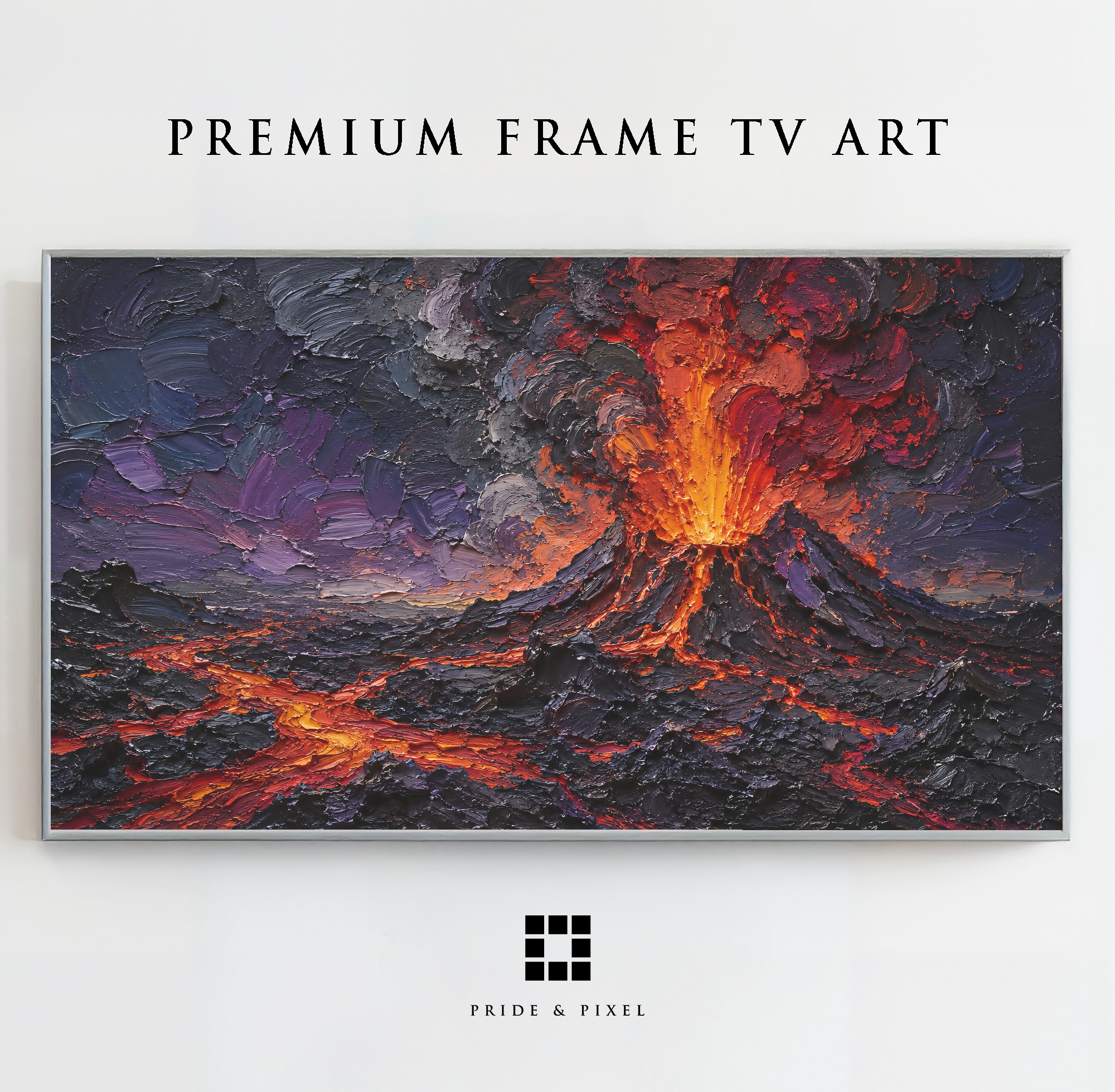 Erupting Volcano Frame TV Art, Dramatic Night Palette Knife