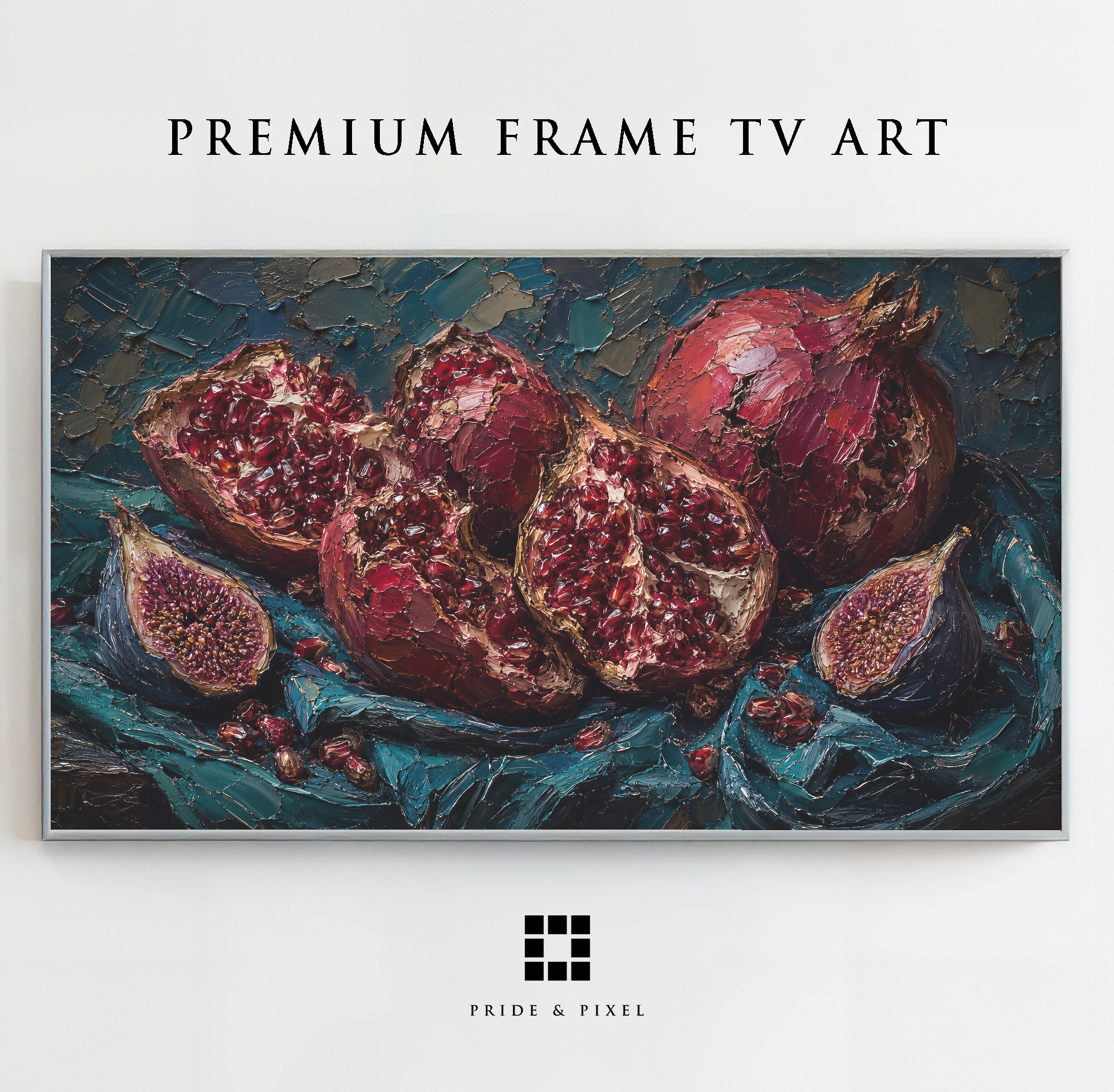 Pomegranate and Fig Frame TV Art, Moody Fruit Palette Knife