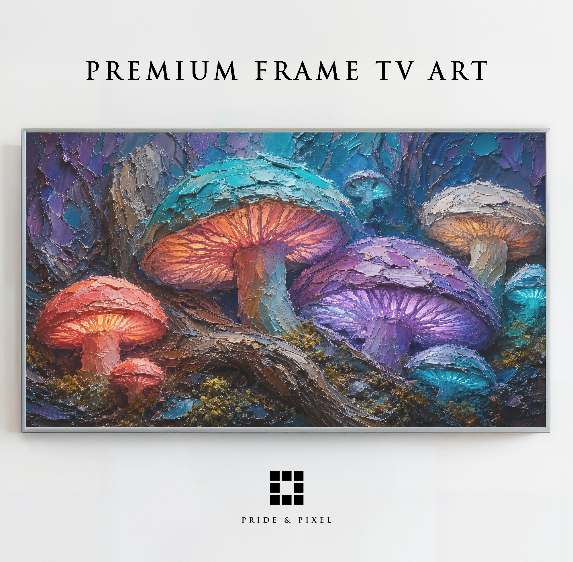 Glowing Mushroom Forest Frame TV Art, Fantasy Palette Knife