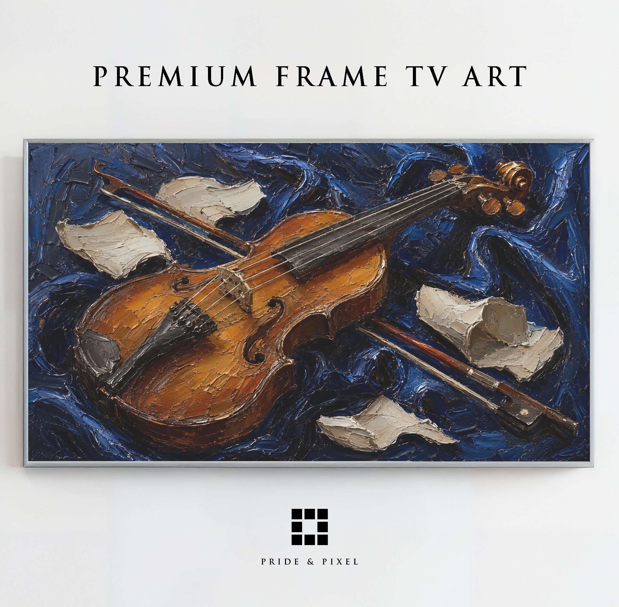 Antique Violin Frame TV Art, Blue Velvet Palette Knife