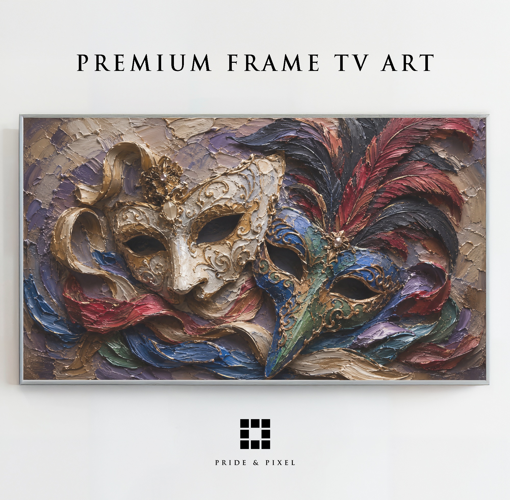 Venetian Carnival Masks Frame TV Art, Masquerade Palette Knife