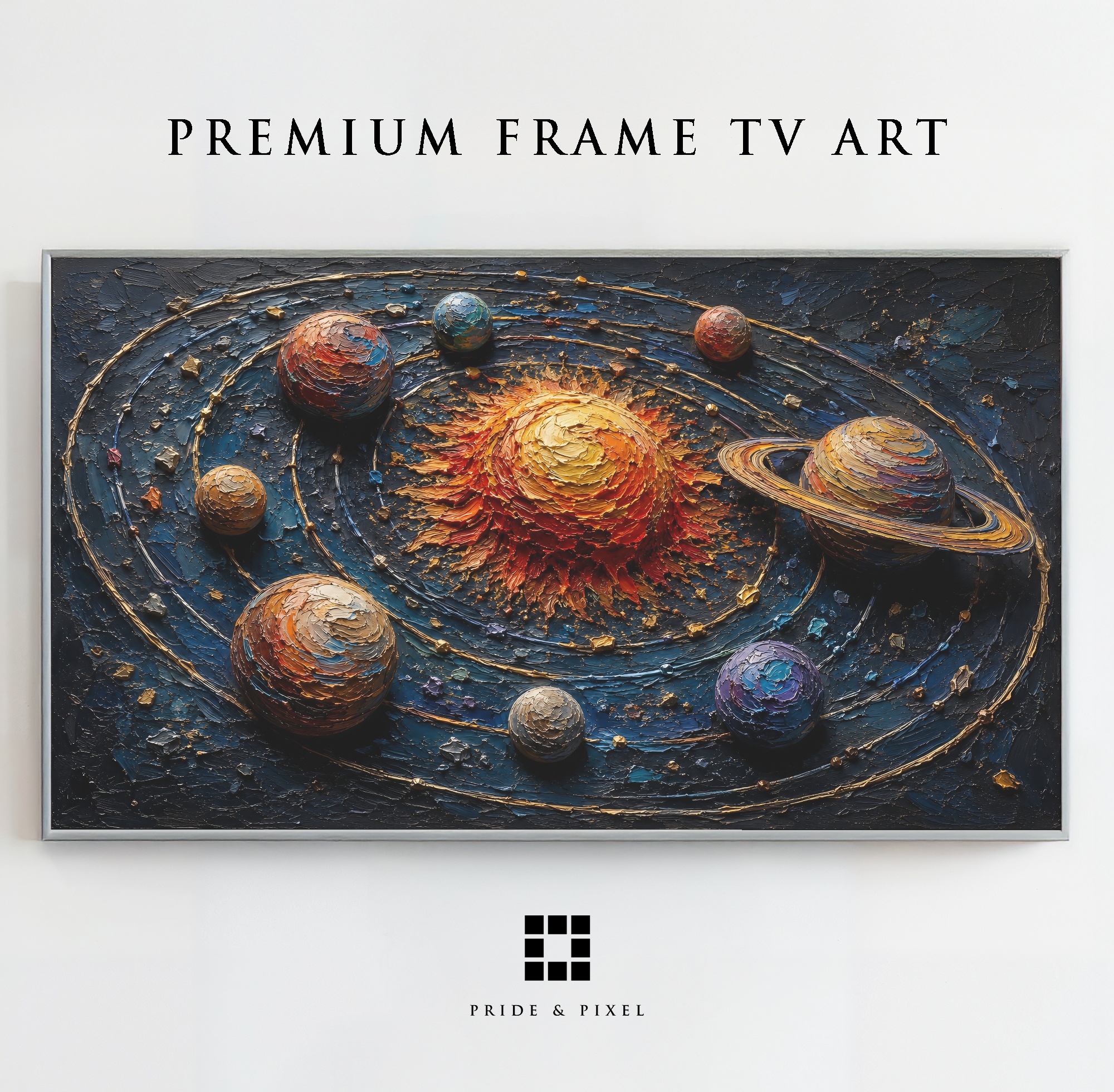 Celestial Orrery Frame TV Art, Solar System Palette Knife