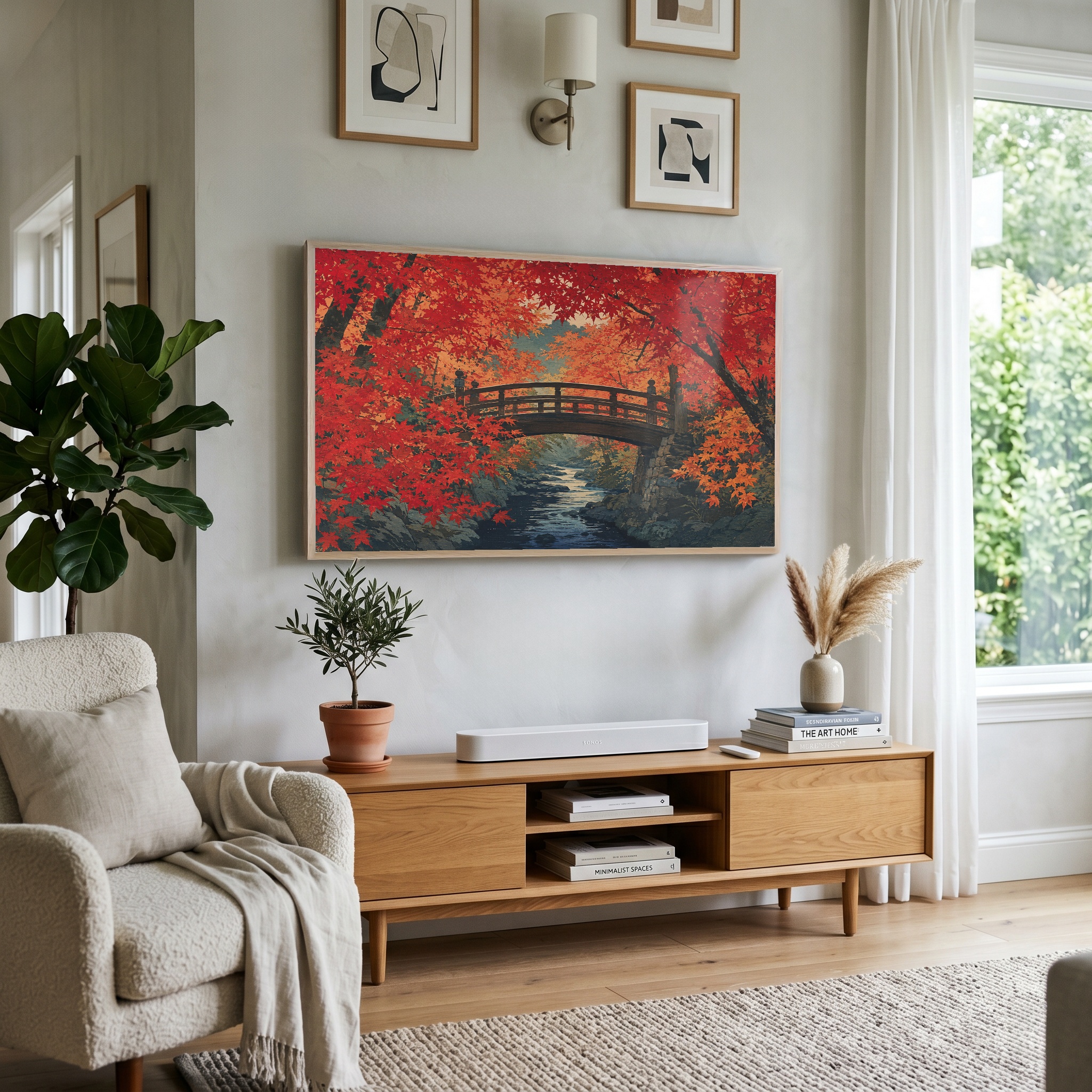 Autumn Japanese artwork displayed in a bright living room