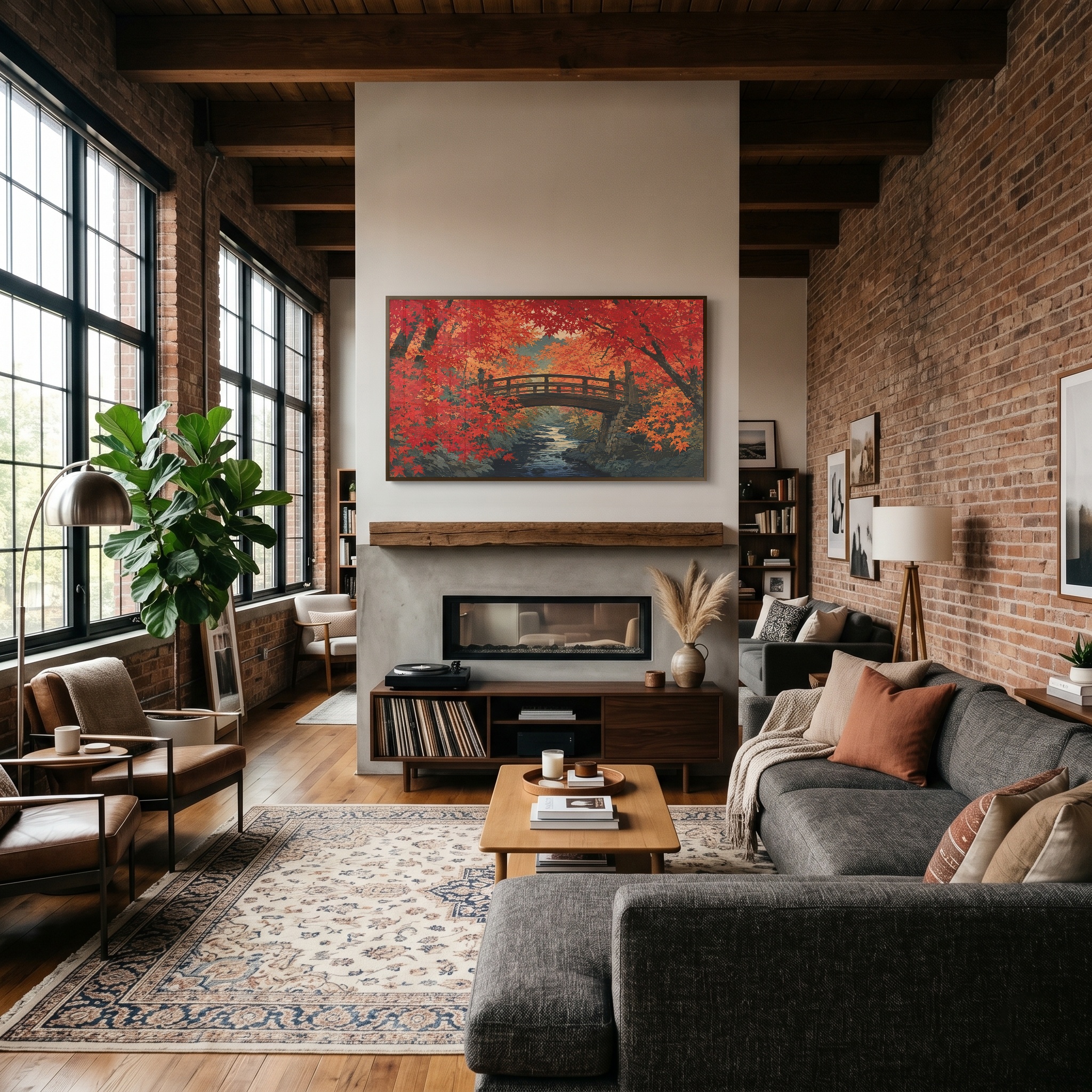 Japanese autumn bridge artwork in a bright modern interior