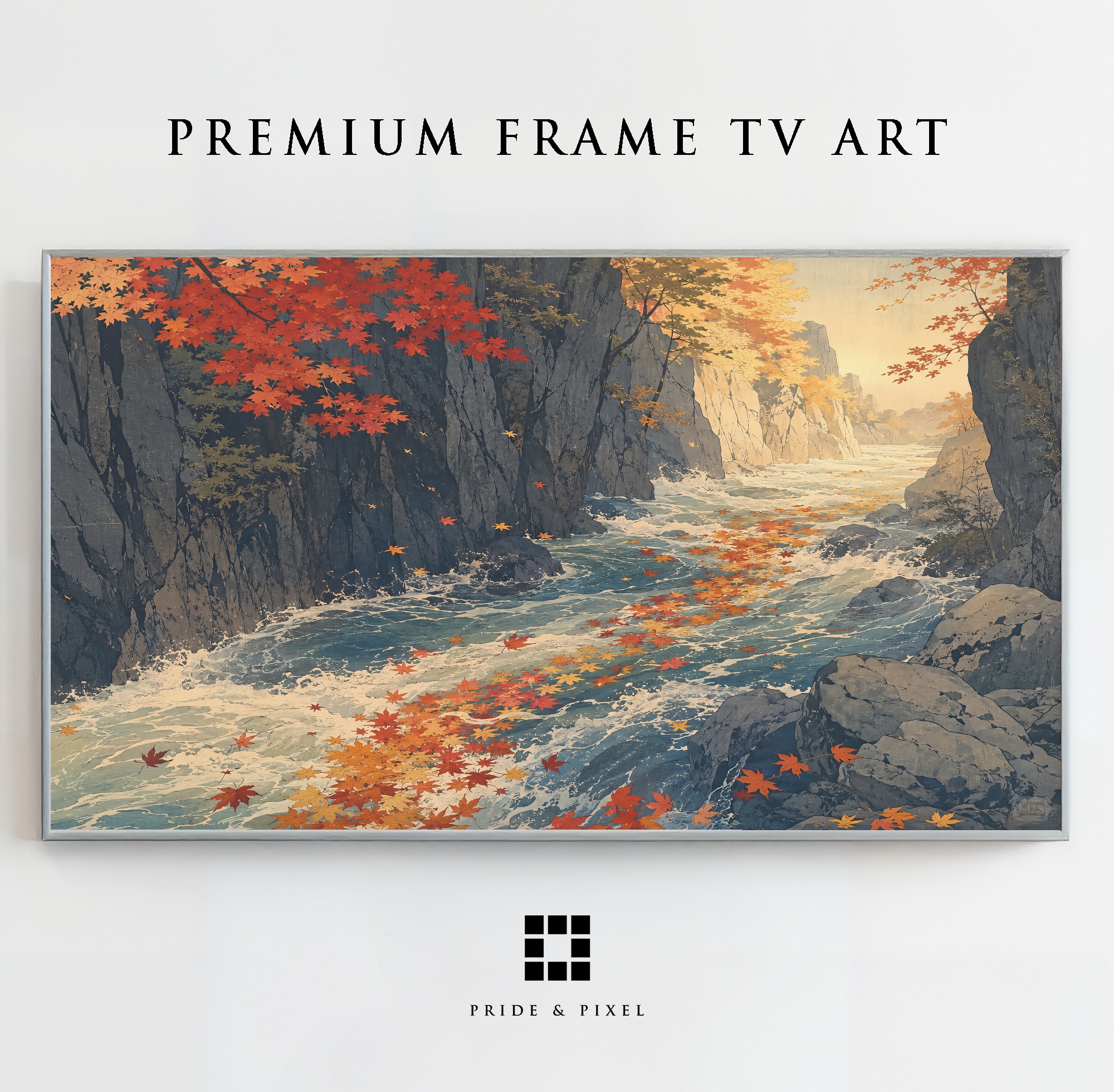A Japanese river gorge framed by autumn maple leaves