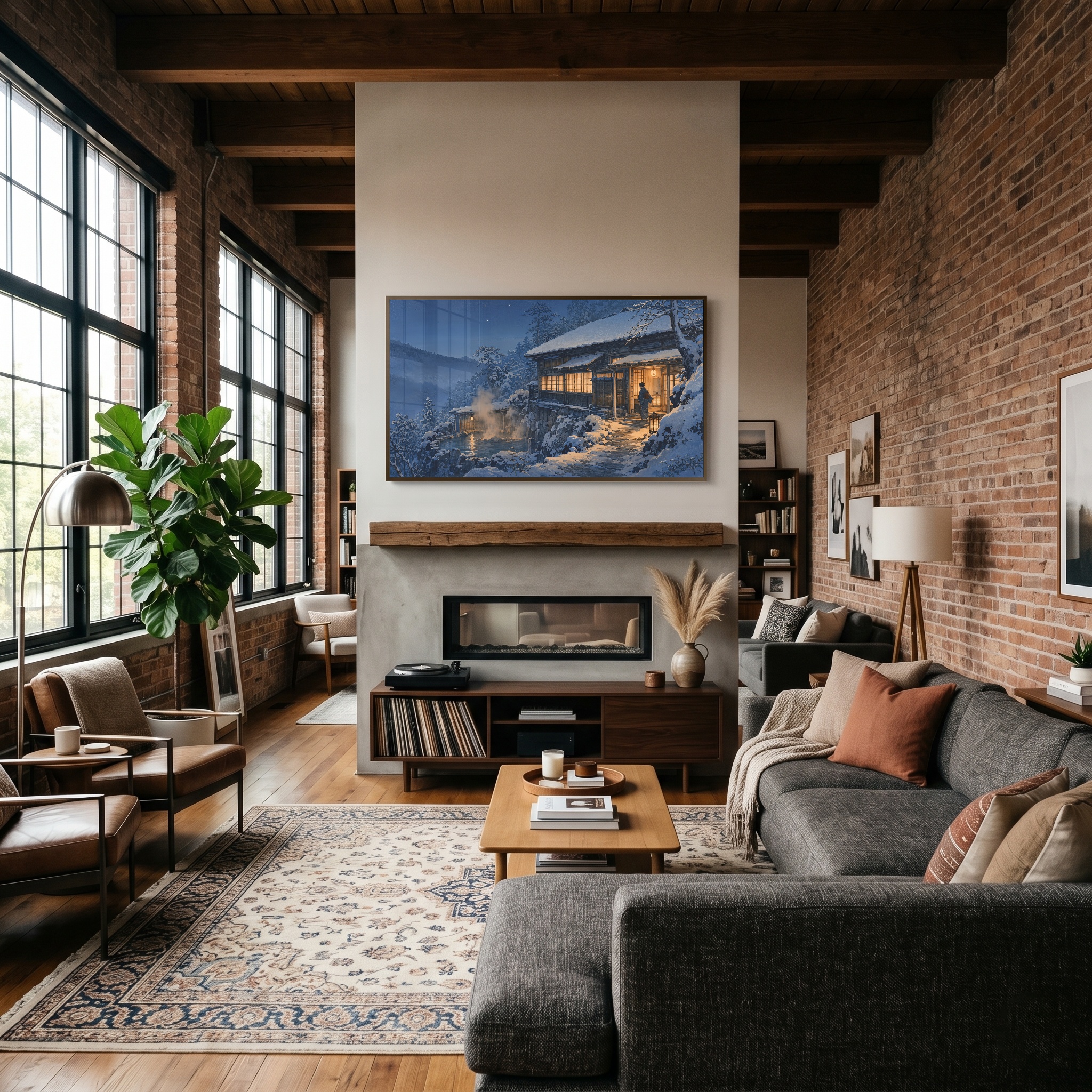 Snowy Japanese onsen artwork displayed in a calm interior
