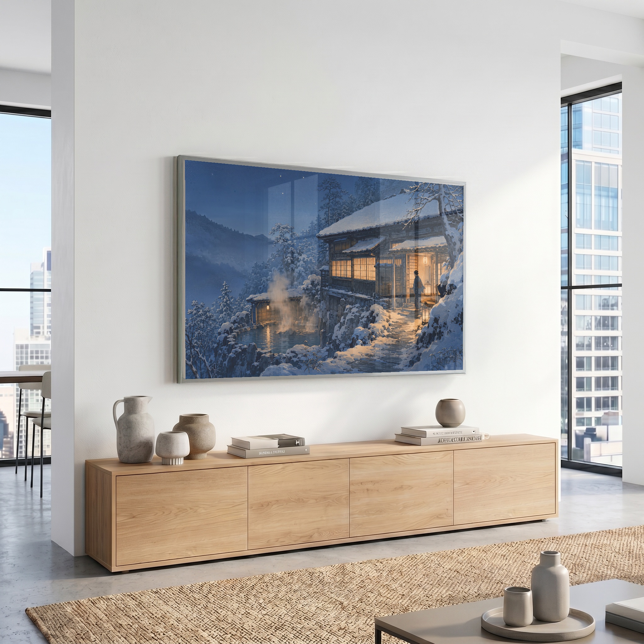 Snowy Japanese onsen artwork displayed above a warm fireplace