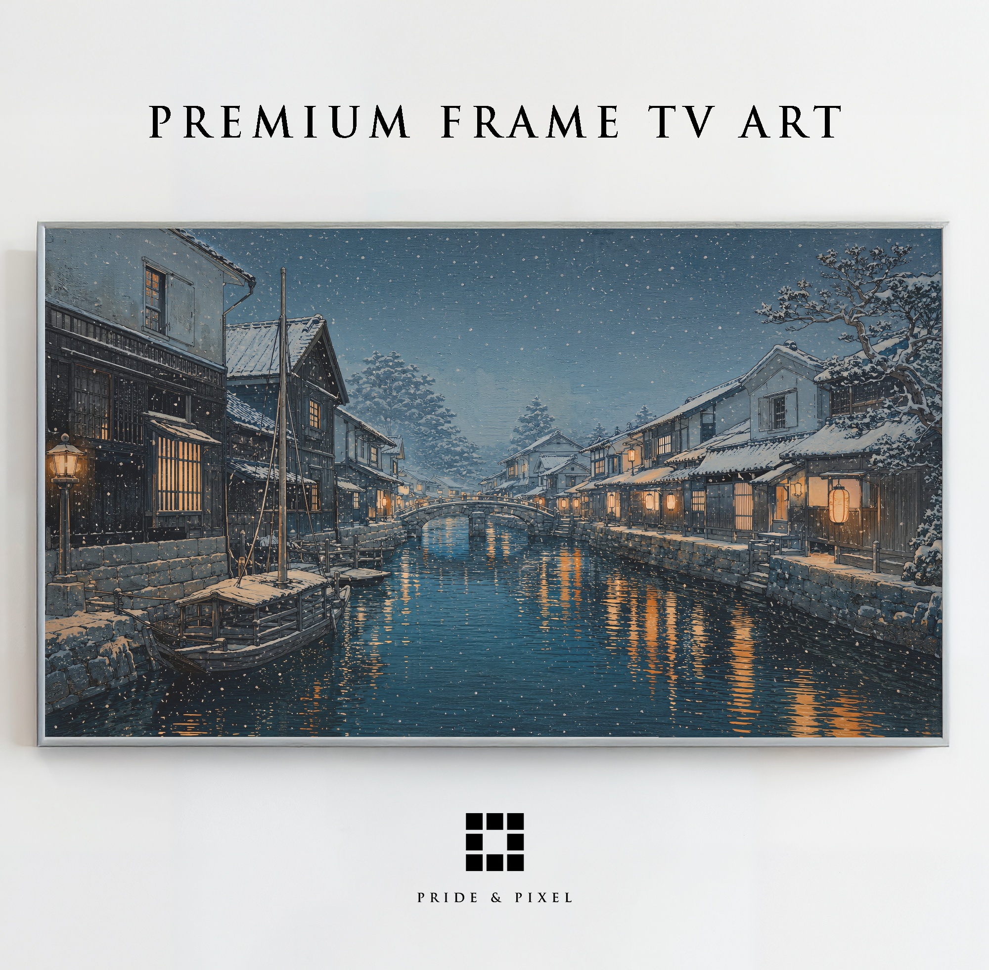 A Japanese canal town glowing quietly beneath falling snow
