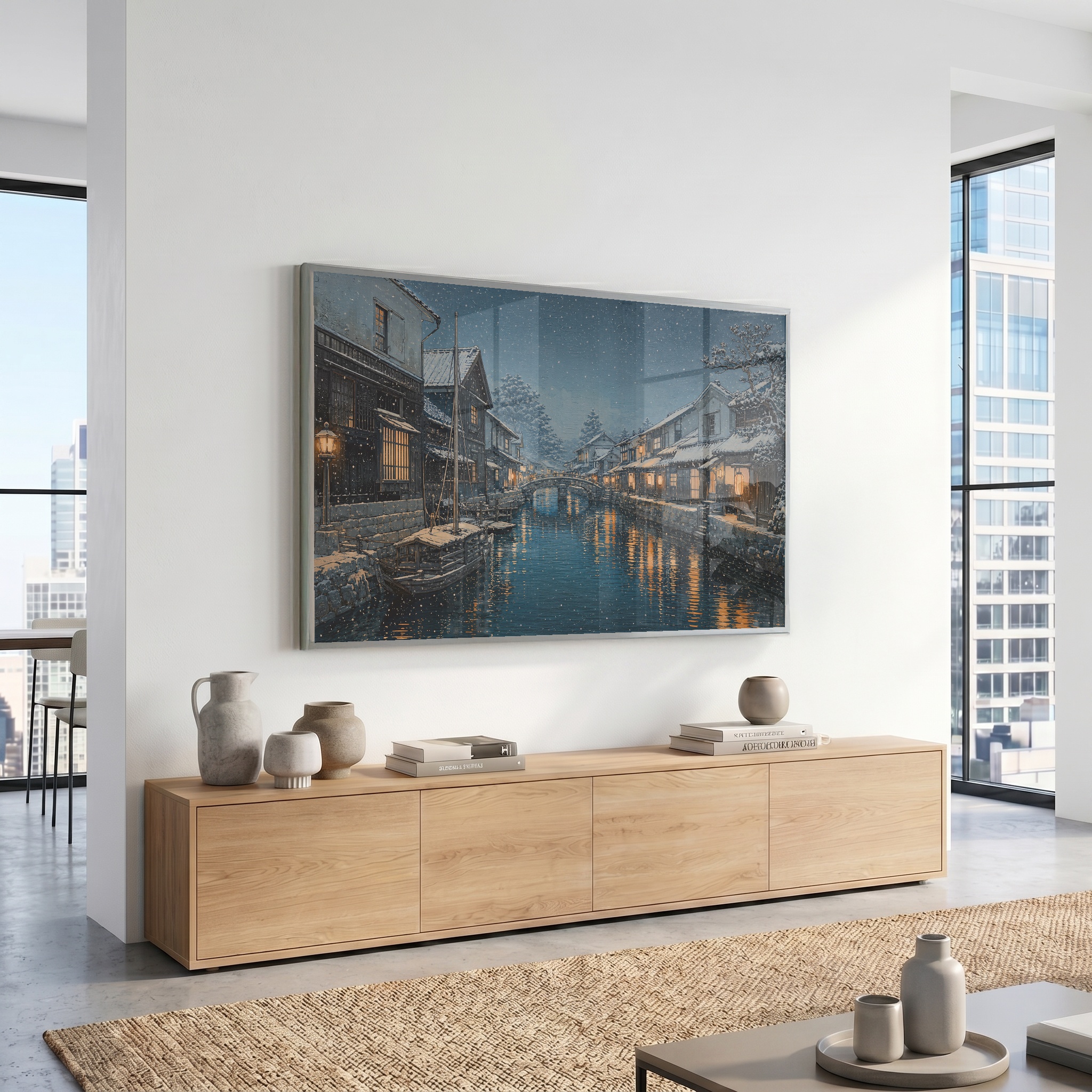 Quiet snowy artwork displayed in a softly lit bedroom setting
