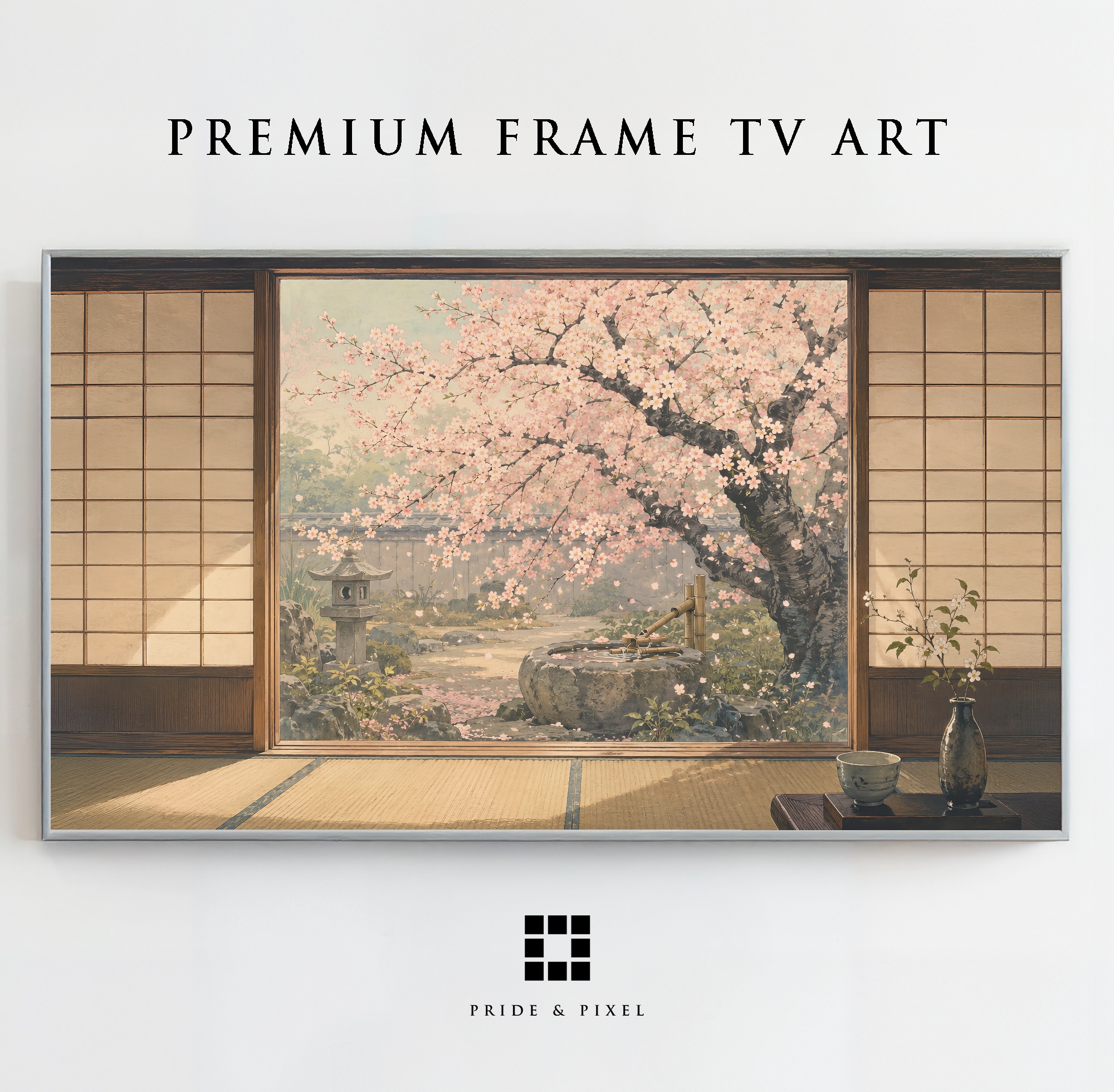 A serene garden view beneath Japanese cherry blossom