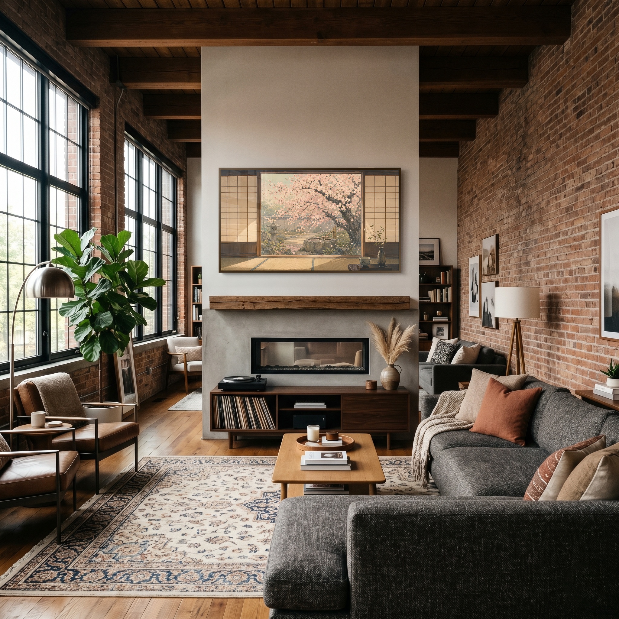 Cherry blossom artwork displayed in a styled interior