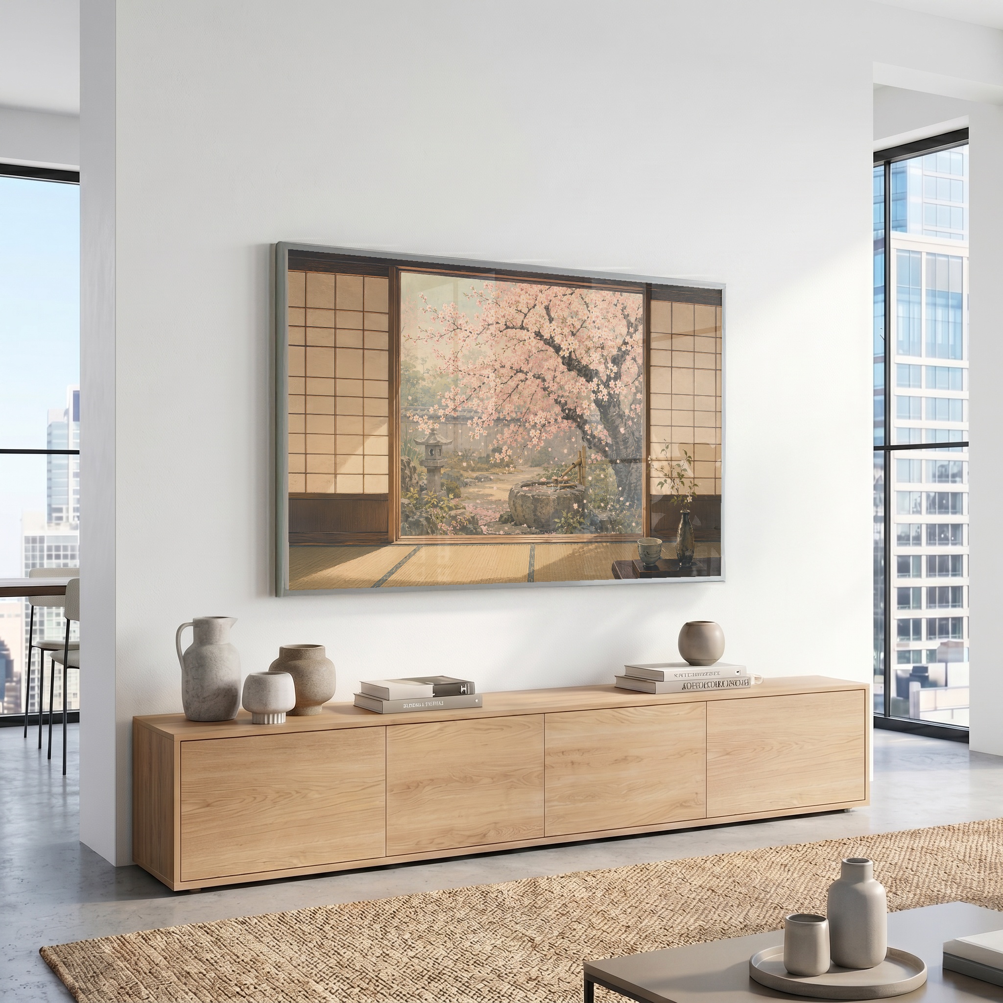 Cherry blossom artwork displayed on a television in a styled room