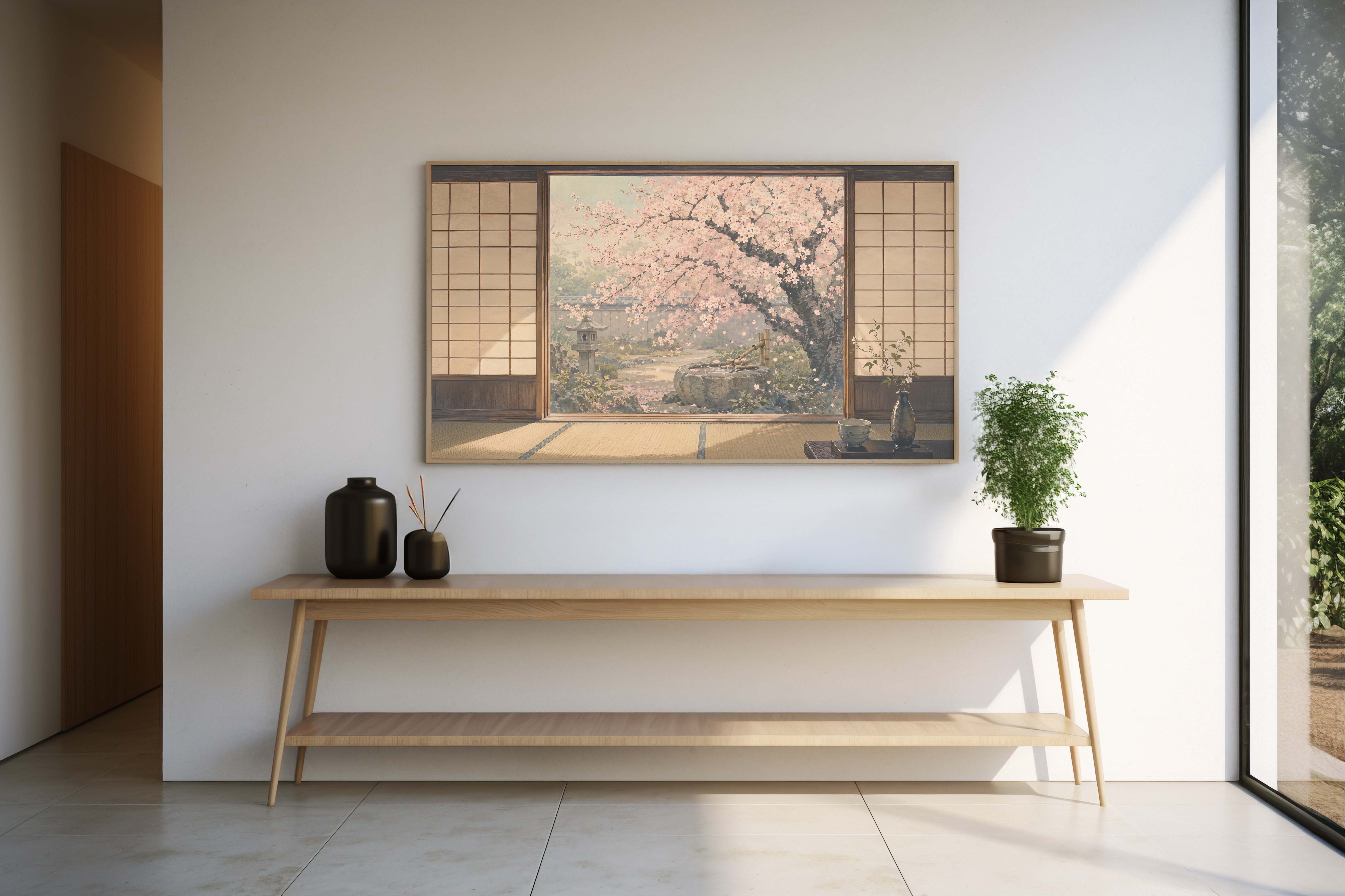 Cherry blossom garden artwork displayed in a bright interior