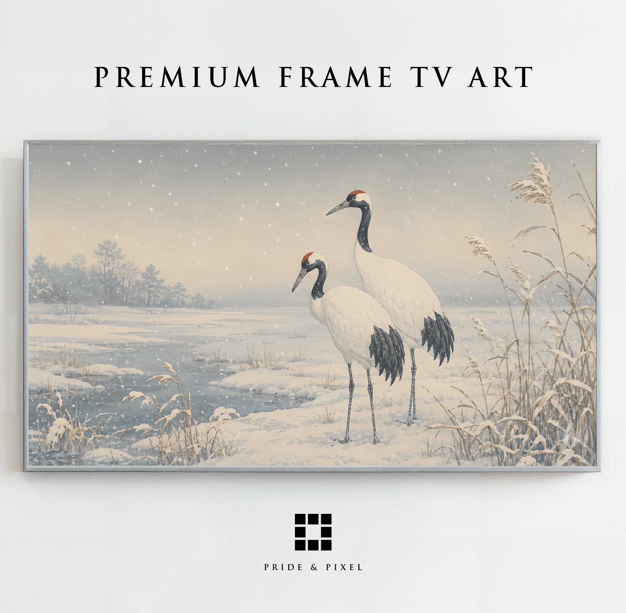 Red-crowned cranes standing together in Japanese winter snow