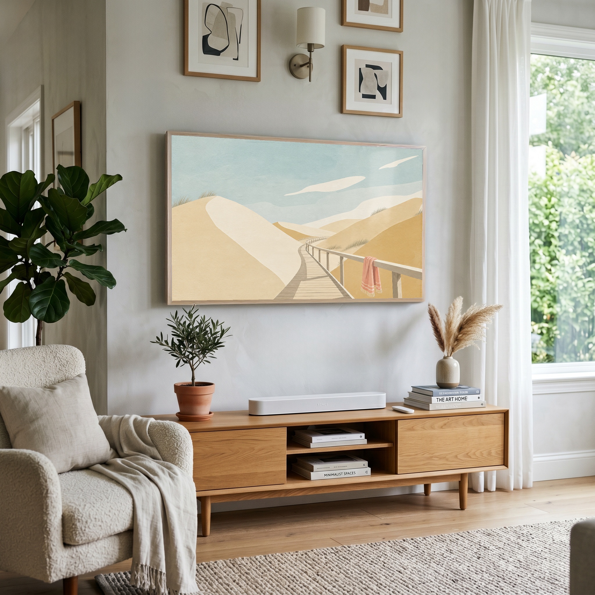 Soft coastal artwork displayed on a television in a neutral living room