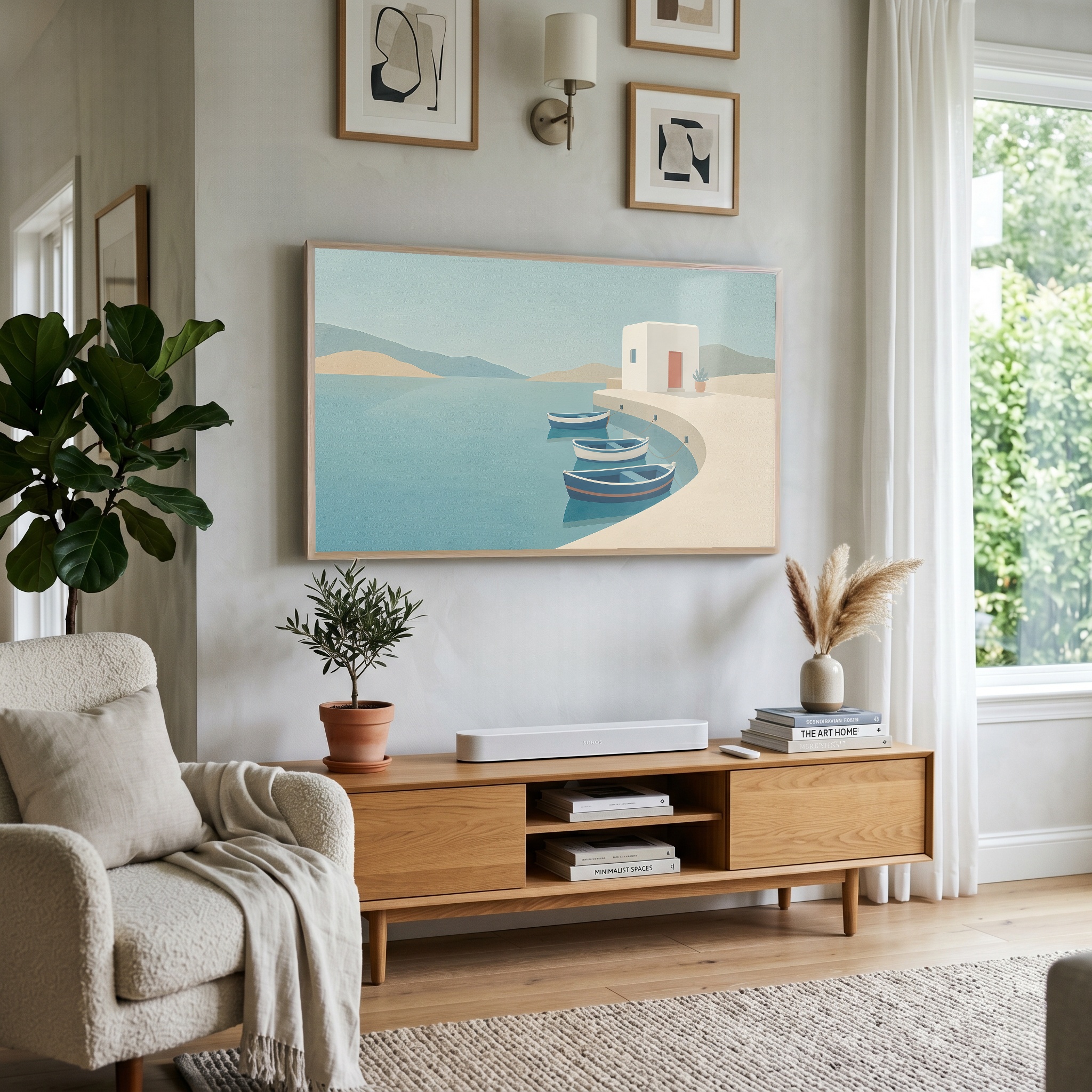 Mediterranean harbour artwork displayed in a calm interior