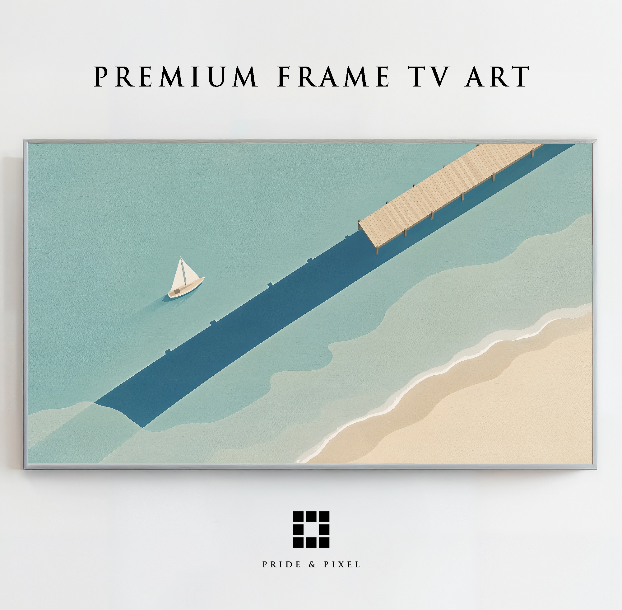 A sailboat beyond a peaceful beach pier