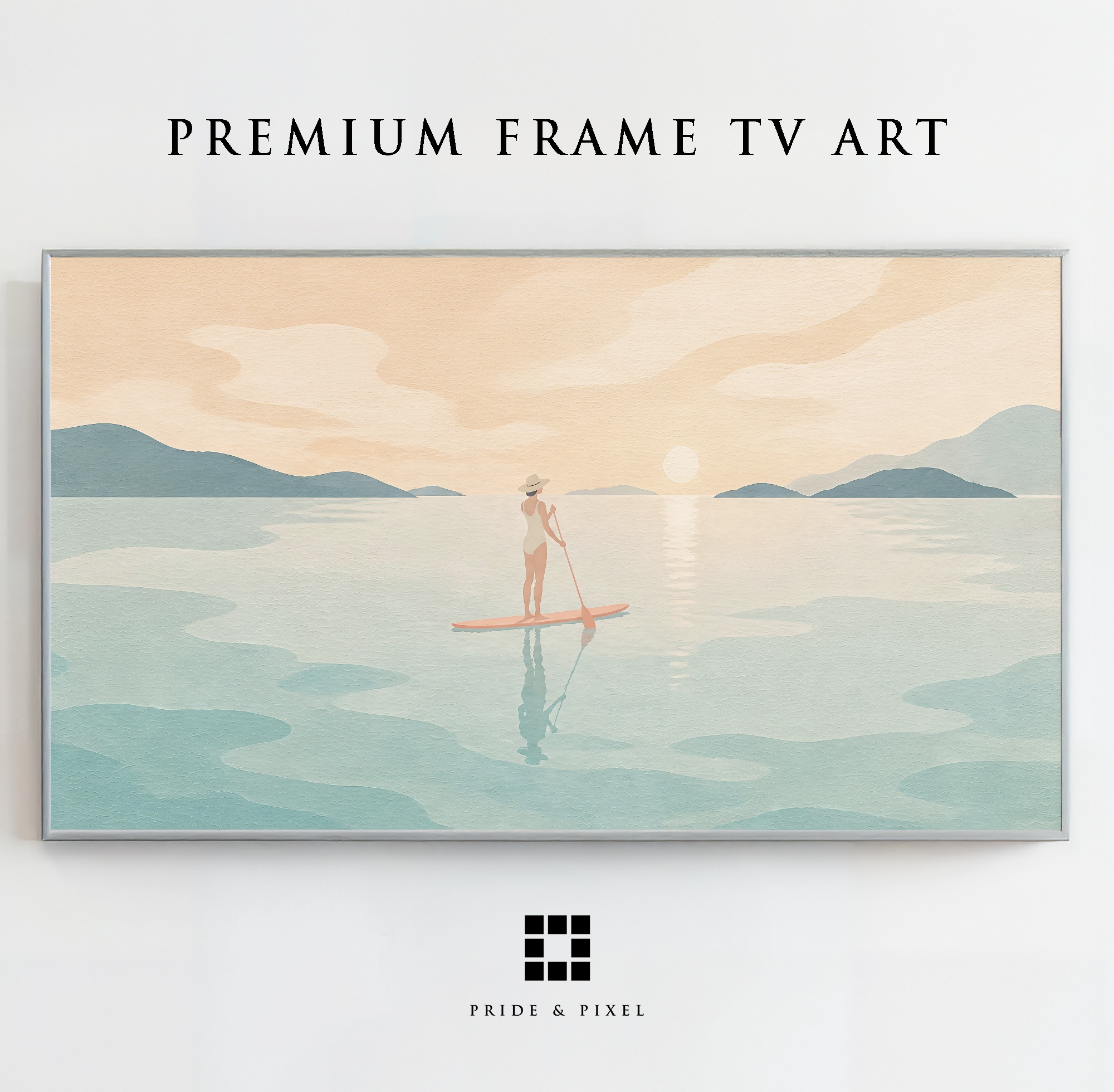A solitary paddleboard at a soft coastal sunset