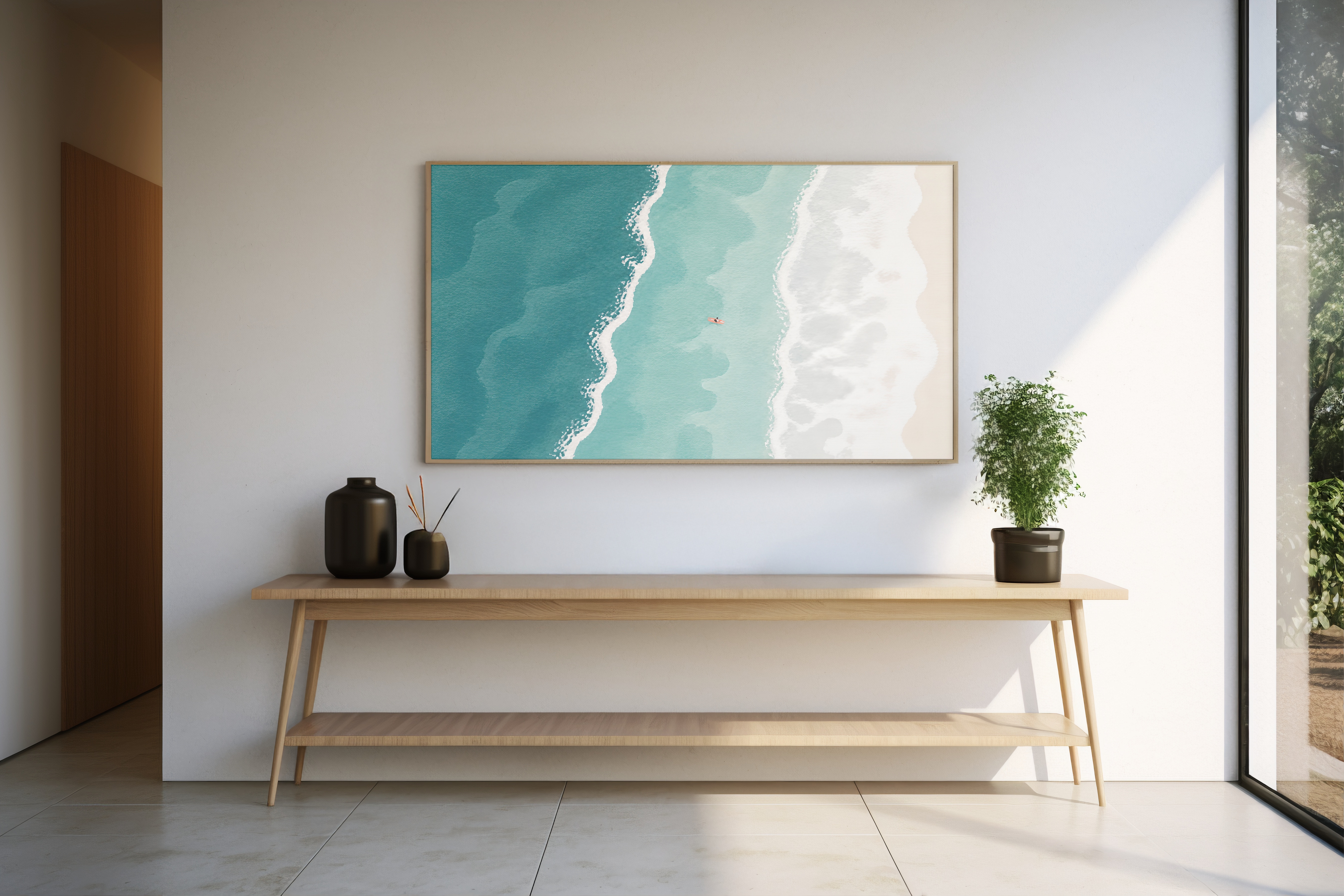 Aerial beach artwork displayed on a large television