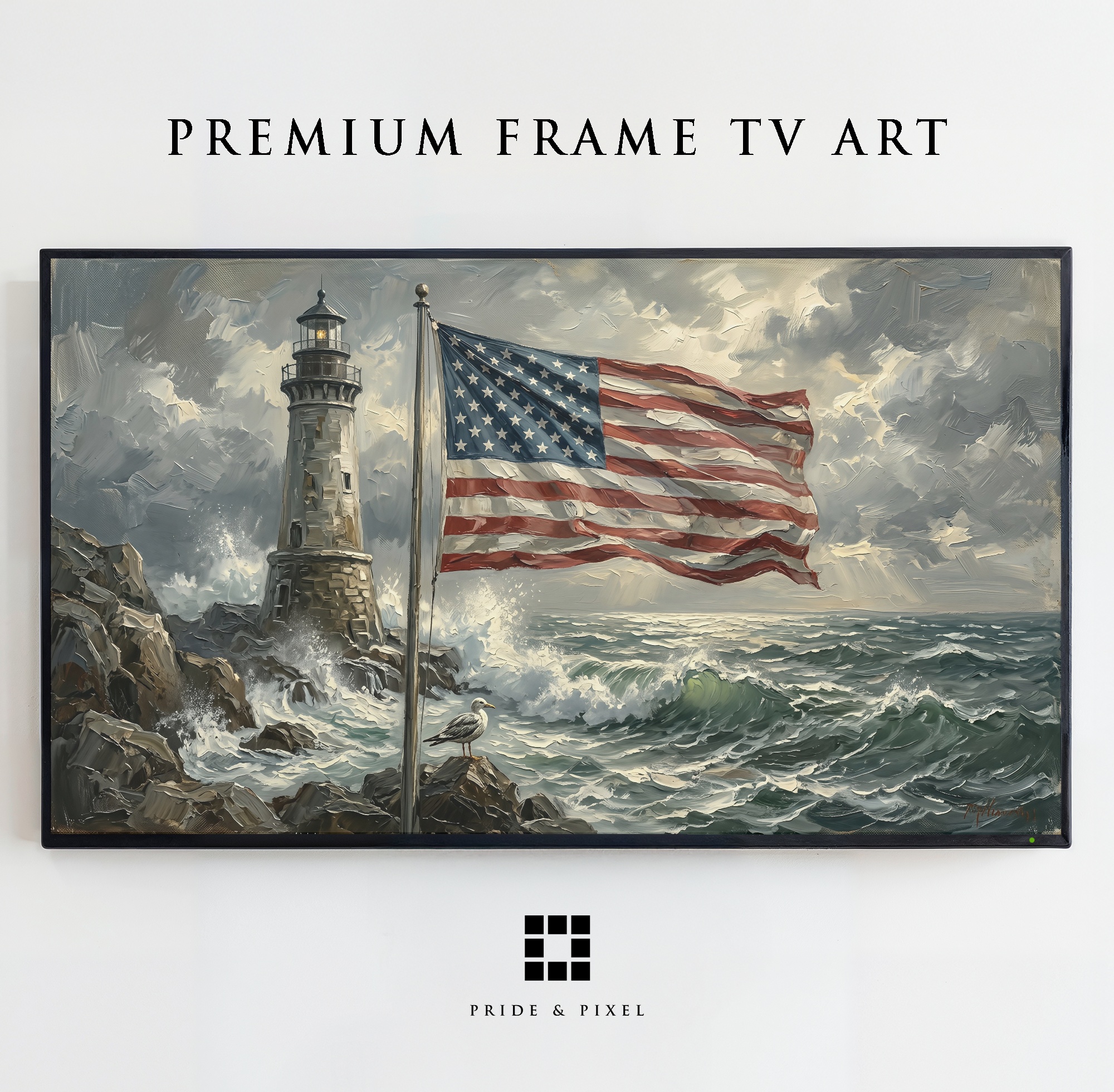 Coastal Lighthouse TV Art - Storm and Flag Digital Download