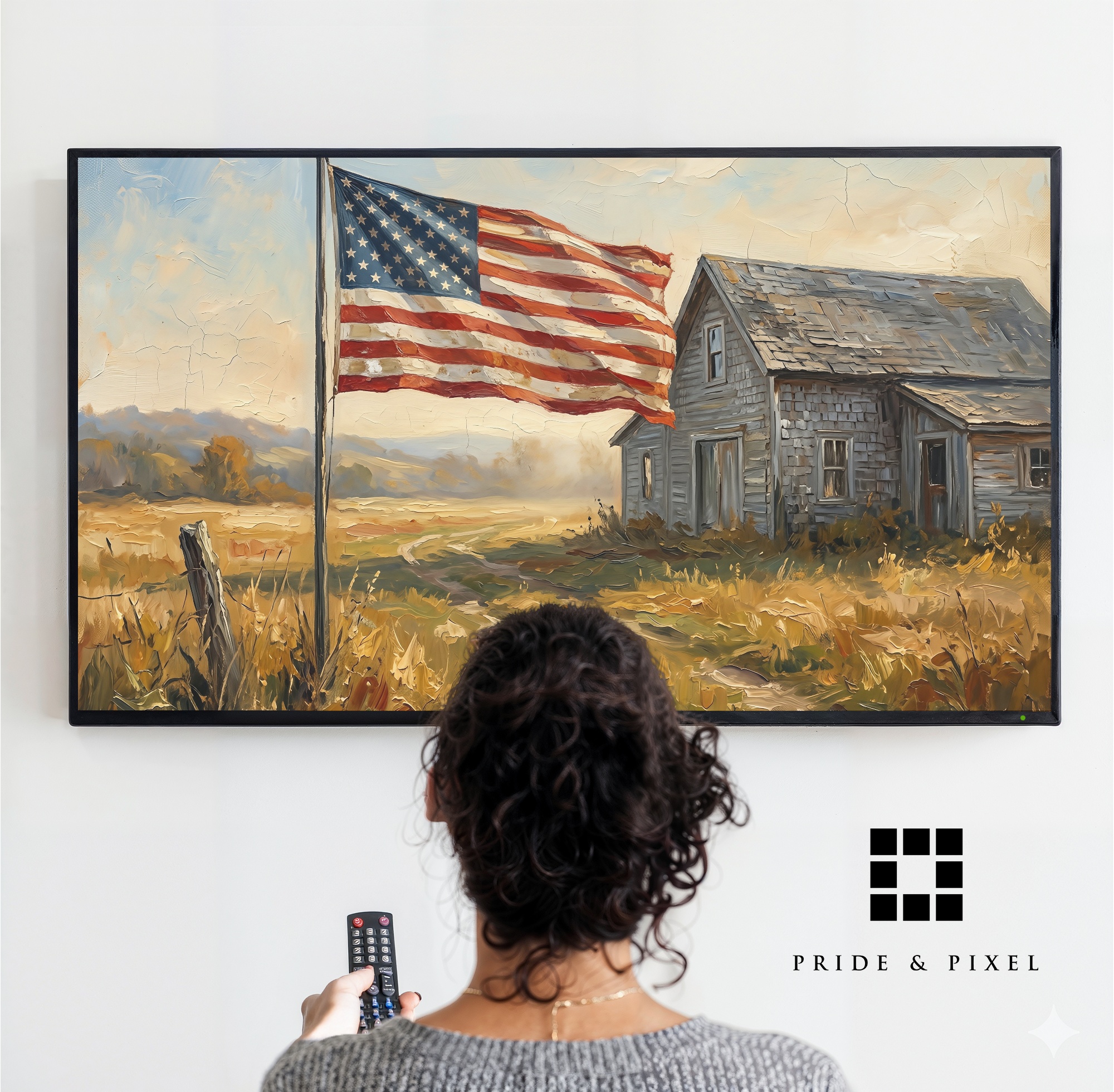 American Flag Farmhouse Art, Rustic Barn Landscape, Americana Style