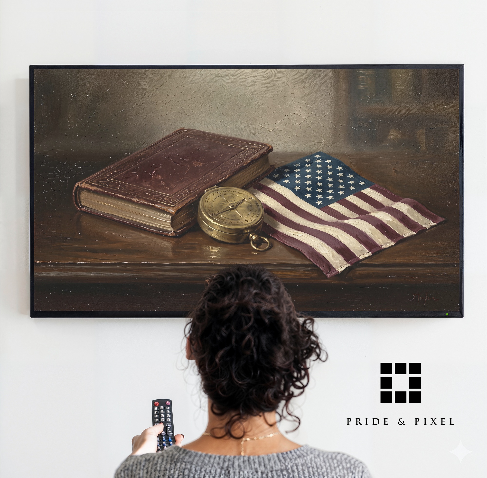 Vintage American Flag Book Compass Still Life Art