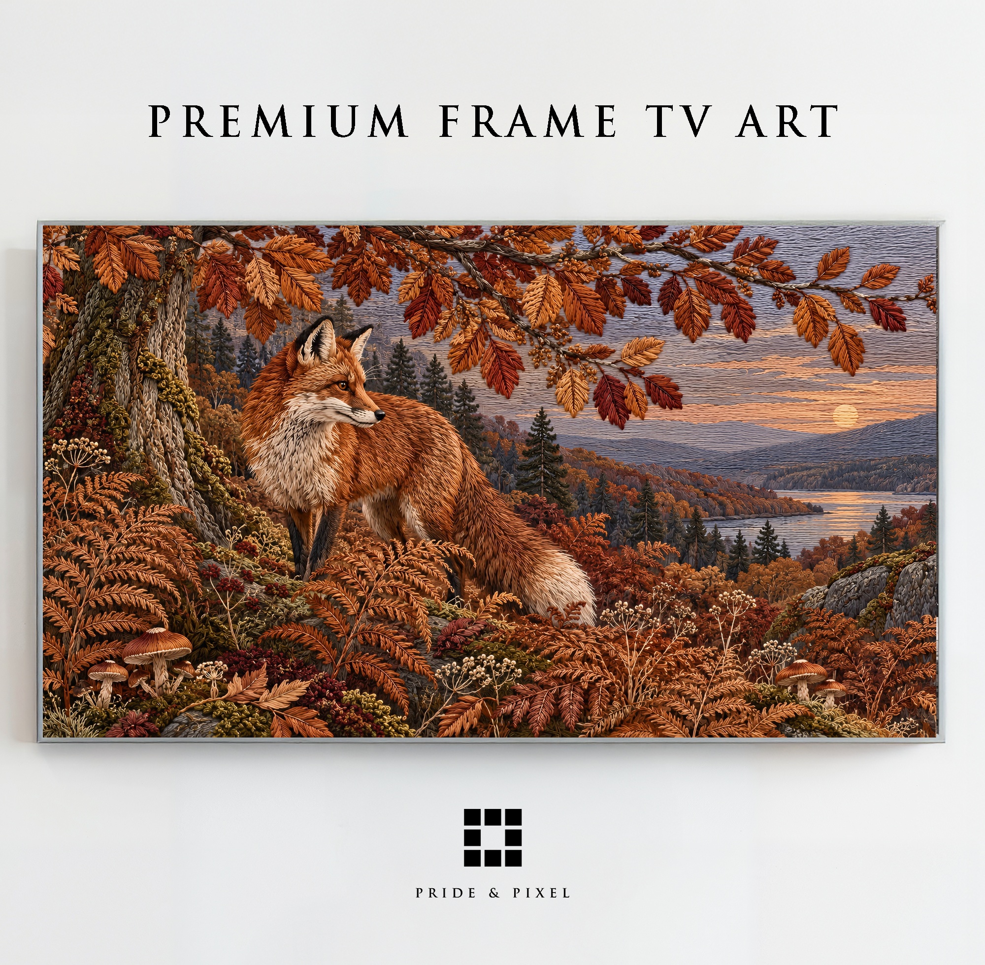 Five autumn woodland Frame TV artworks in a curated bundle displayed on a television in the Pride & Pixel hero room